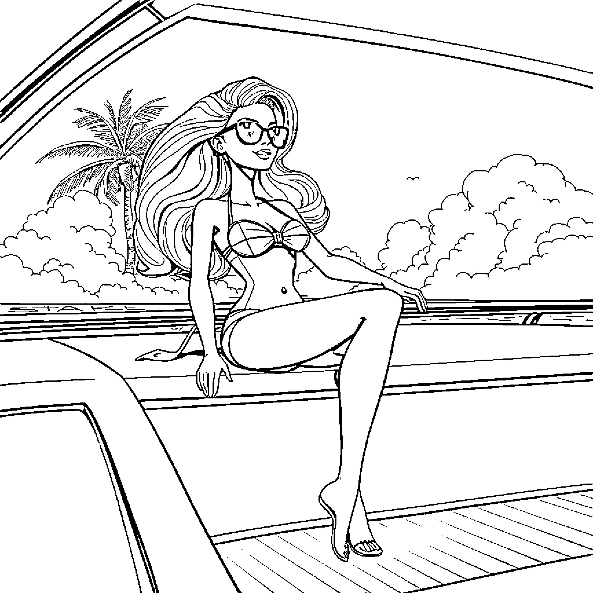 Barbie relaxing on a tropical beach Coloring Page (free black-and-white line drawing printable PDF for all, from beginners to advanced learners, including children, teens, adults, and seniors)