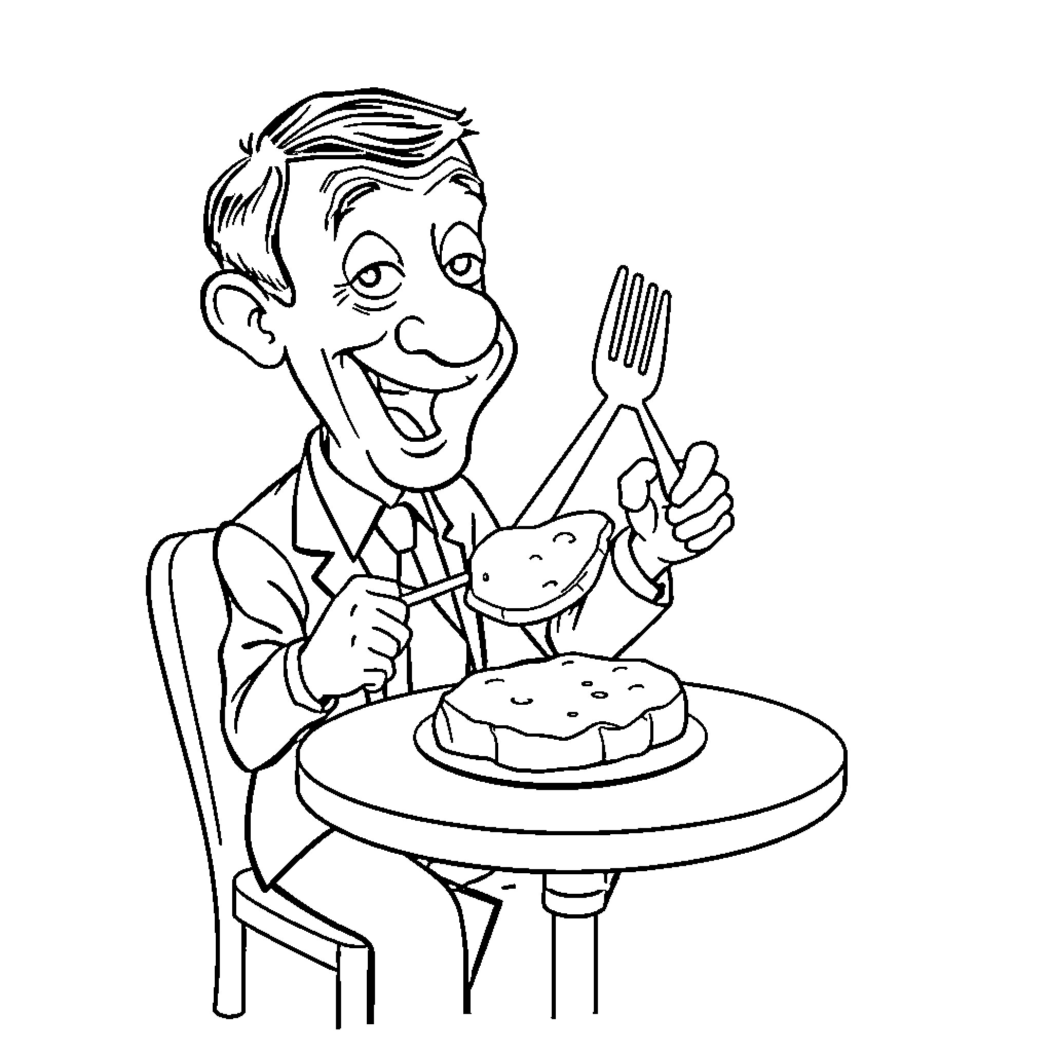 Mr Bean Enjoying a Tasty Cake Coloring Page (free black-and-white line drawing printable PDF for all, from beginners to advanced learners, including children, teens, adults, and seniors)