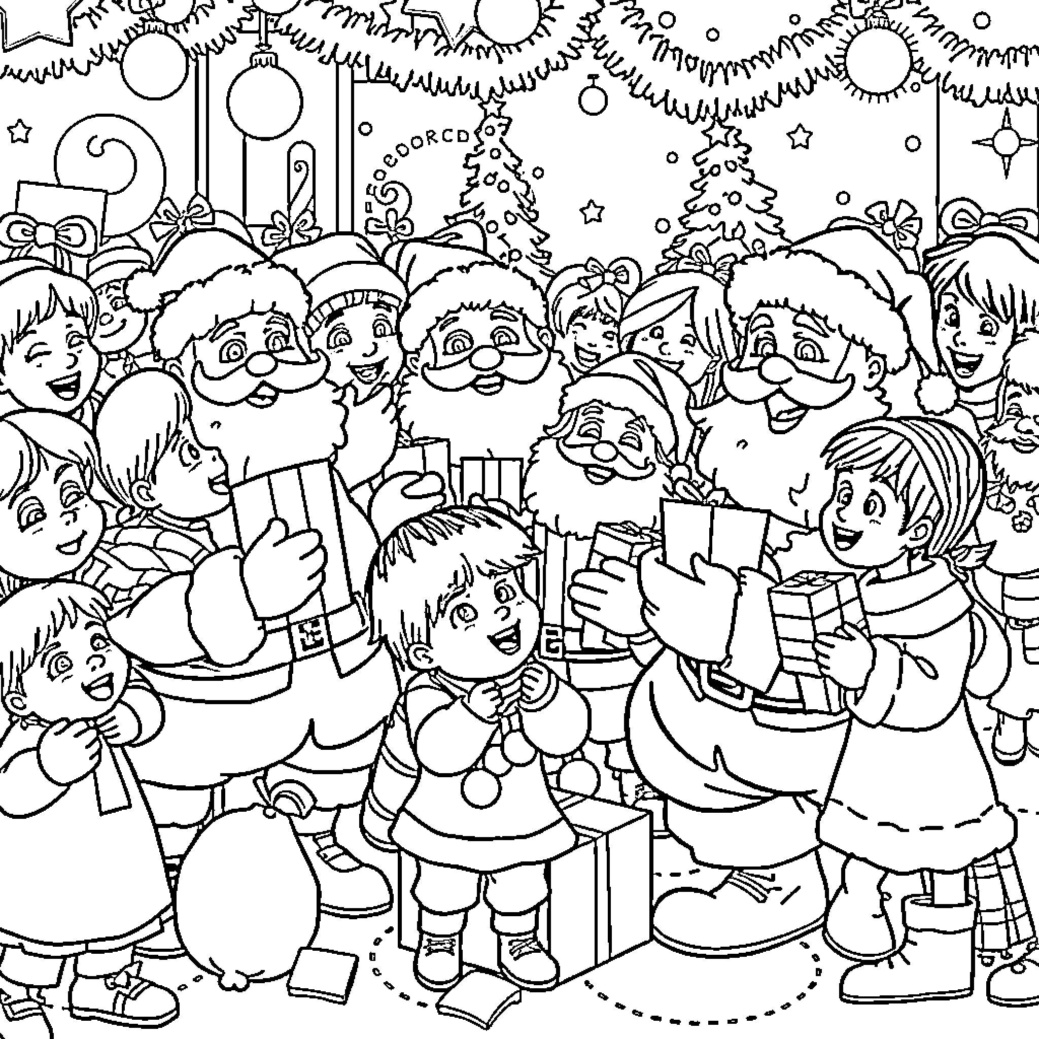 Santa Claus Surrounded by Joyful Children at Christmas Coloring Page (free black-and-white line drawing printable PDF for all, from beginners to advanced learners, including children, teens, adults, and seniors)