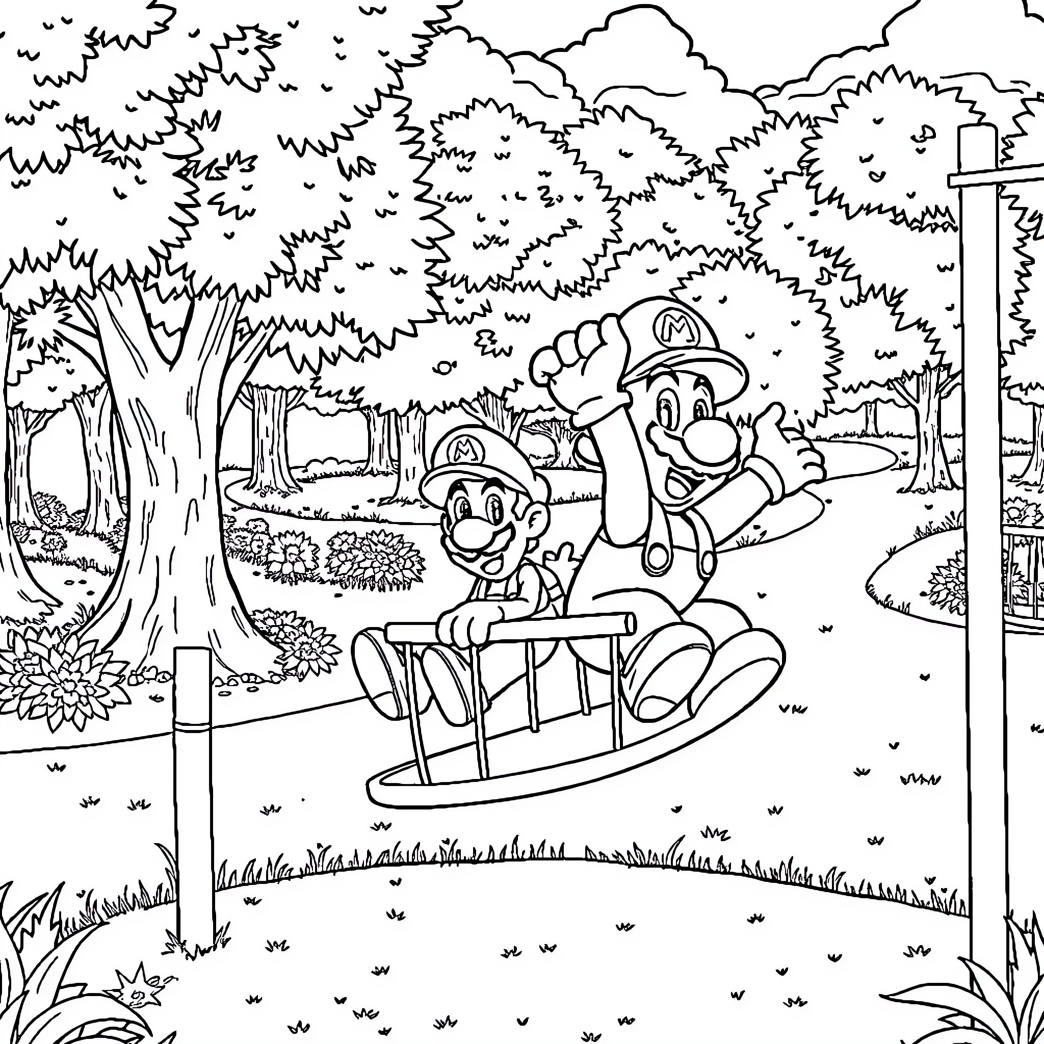 Mario Enjoying a Relaxing Ride in the Park Coloring Page (free black-and-white line drawing printable PDF for all, from beginners to advanced learners, including children, teens, adults, and seniors)