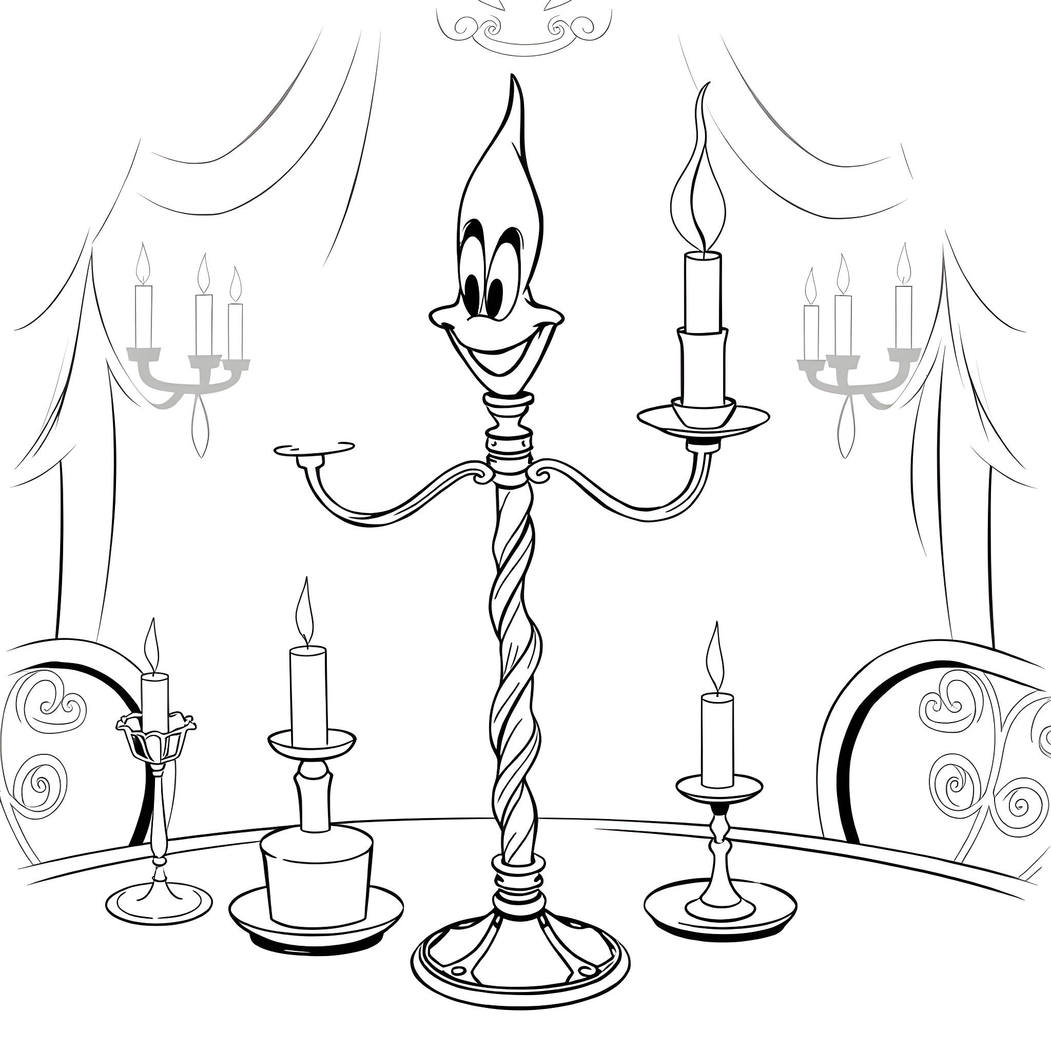 Lumiere's Enchanted Candlelit Scene Coloring Page (free black-and-white line drawing printable PDF for all, from beginners to advanced learners, including children, teens, adults, and seniors)
