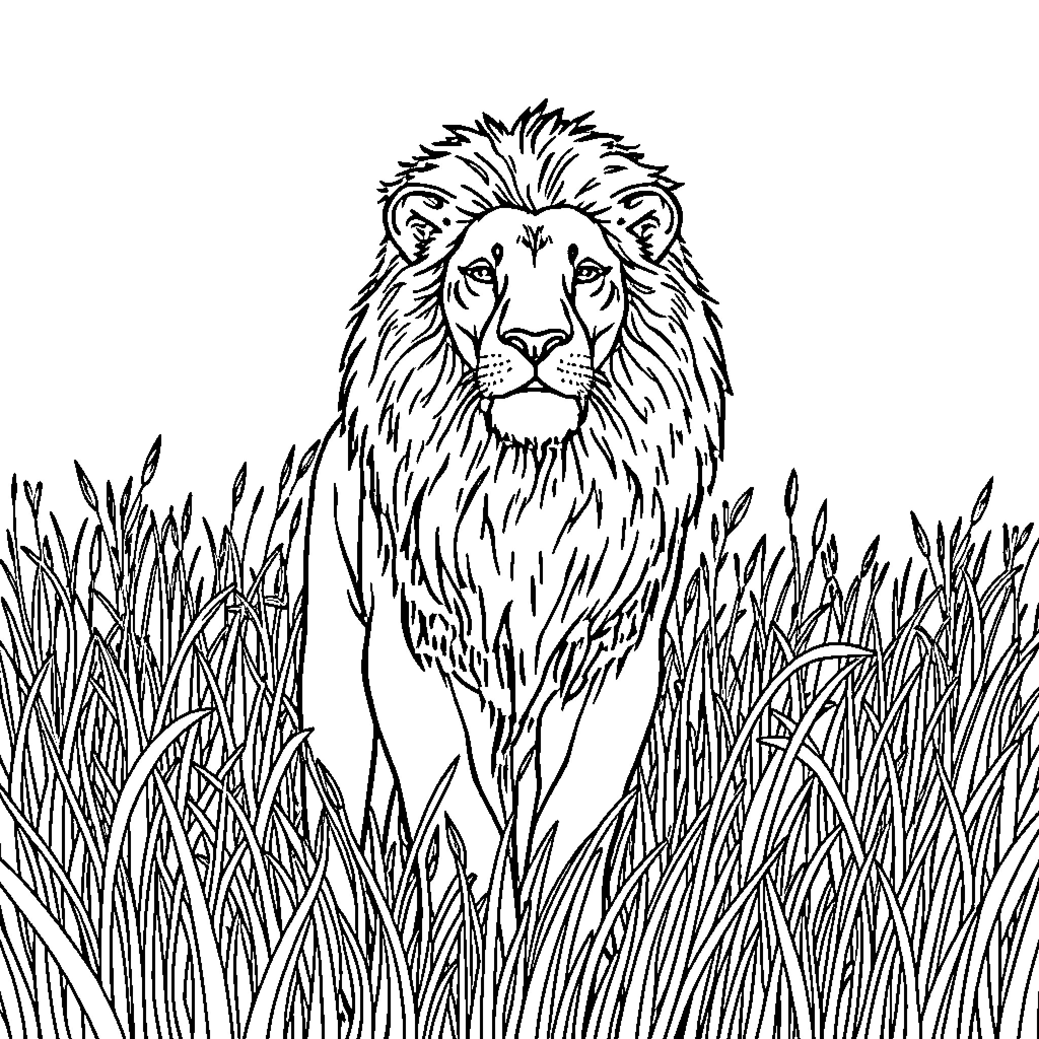 Lion Prowling Amidst Tall Grass Coloring Page (free black-and-white line drawing printable PDF for all, from beginners to advanced learners, including children, teens, adults, and seniors)