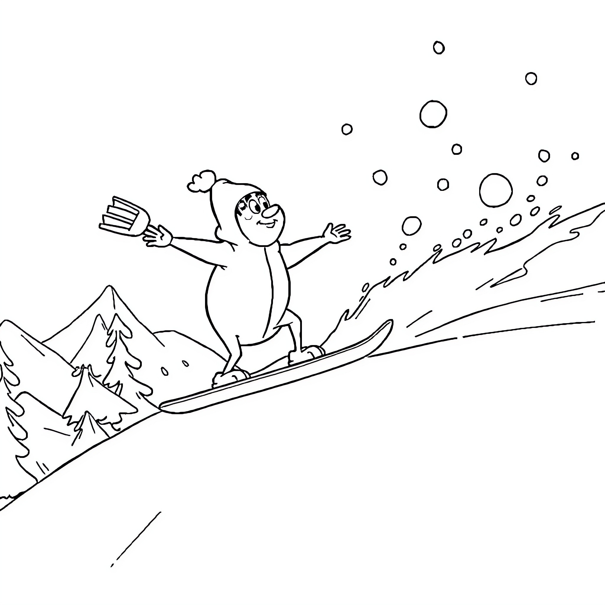 Pat Patrol Skiing Down the Snowy Slopes Coloring Page (free black-and-white line drawing printable PDF for all, from beginners to advanced learners, including children, teens, adults, and seniors)