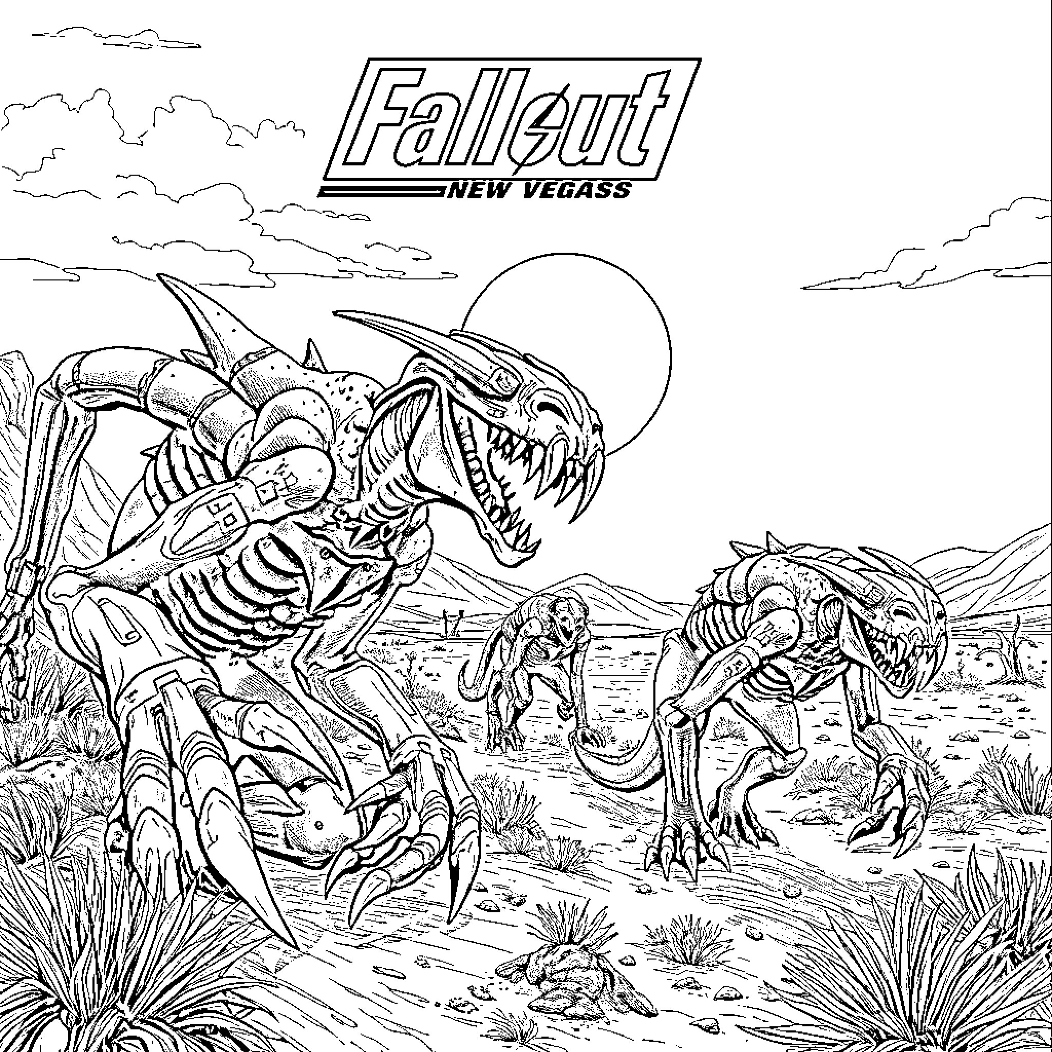 Deathclaws unleash terror in the desolate New Vegas wasteland Coloring Page (free black-and-white line drawing printable PDF for all, from beginners to advanced learners, including children, teens, adults, and seniors)