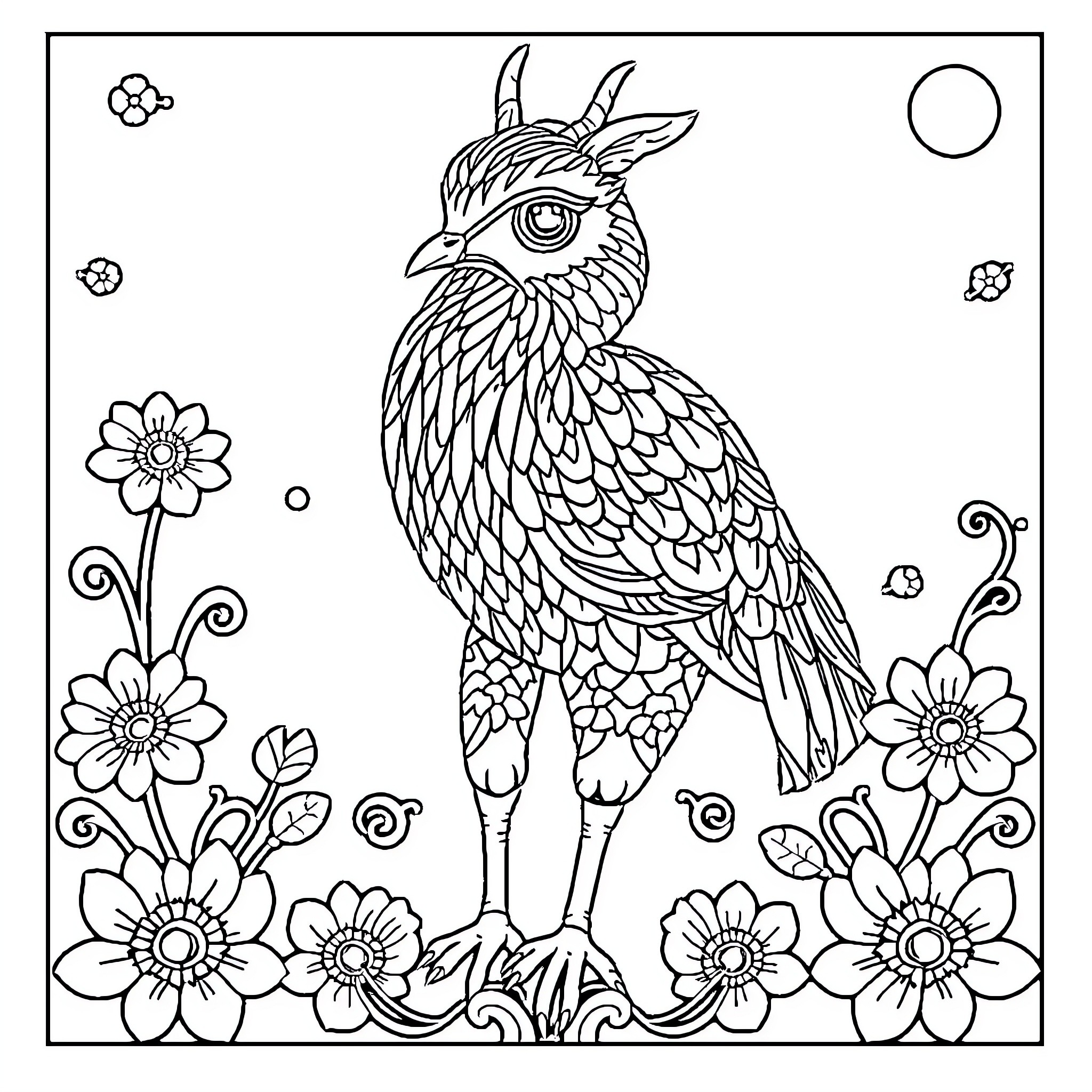Blue Writing of Detailed Bird Illustration Coloring Page (free black-and-white line drawing printable PDF for all, from beginners to advanced learners, including children, teens, adults, and seniors)