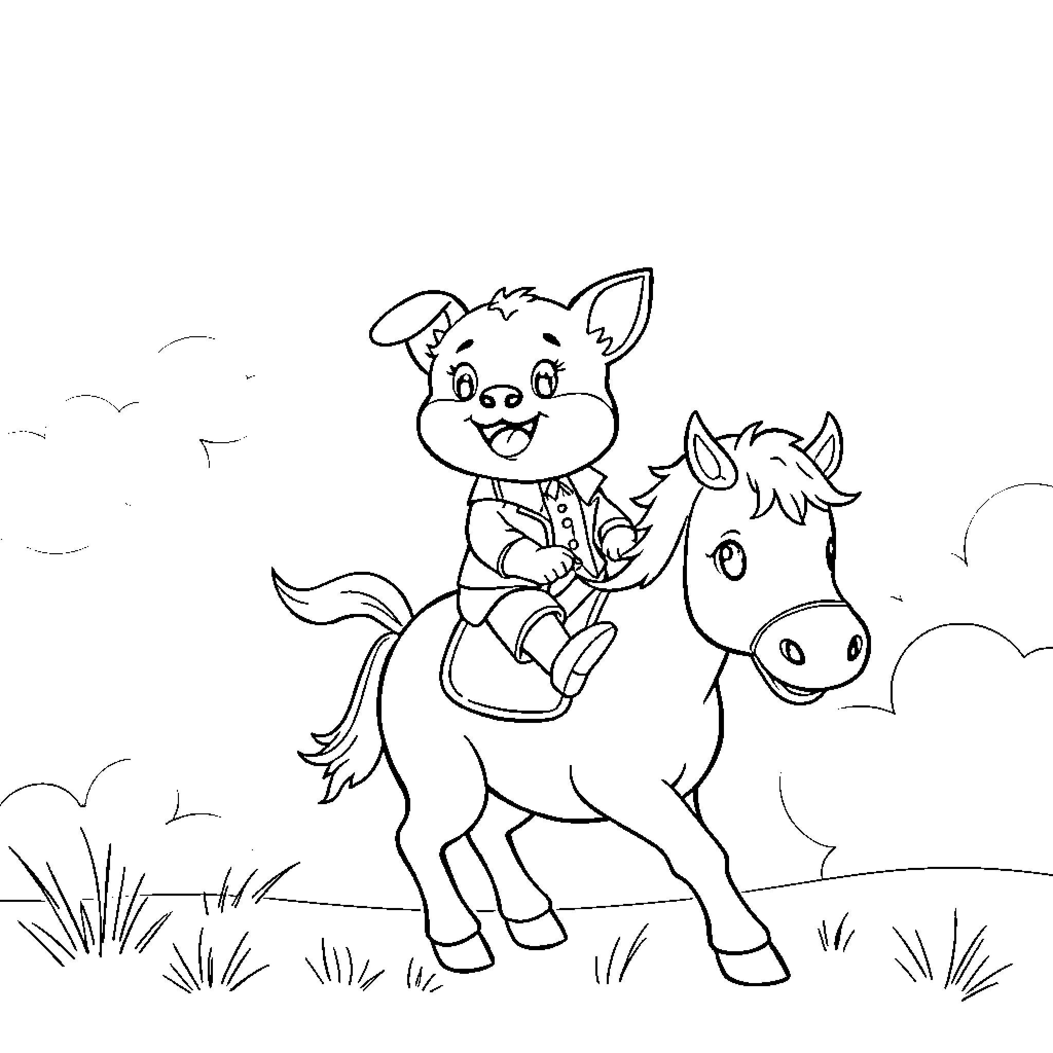 Dog riding a horse in the countryside Coloring Page (free black-and-white line drawing printable PDF for all, from beginners to advanced learners, including children, teens, adults, and seniors)