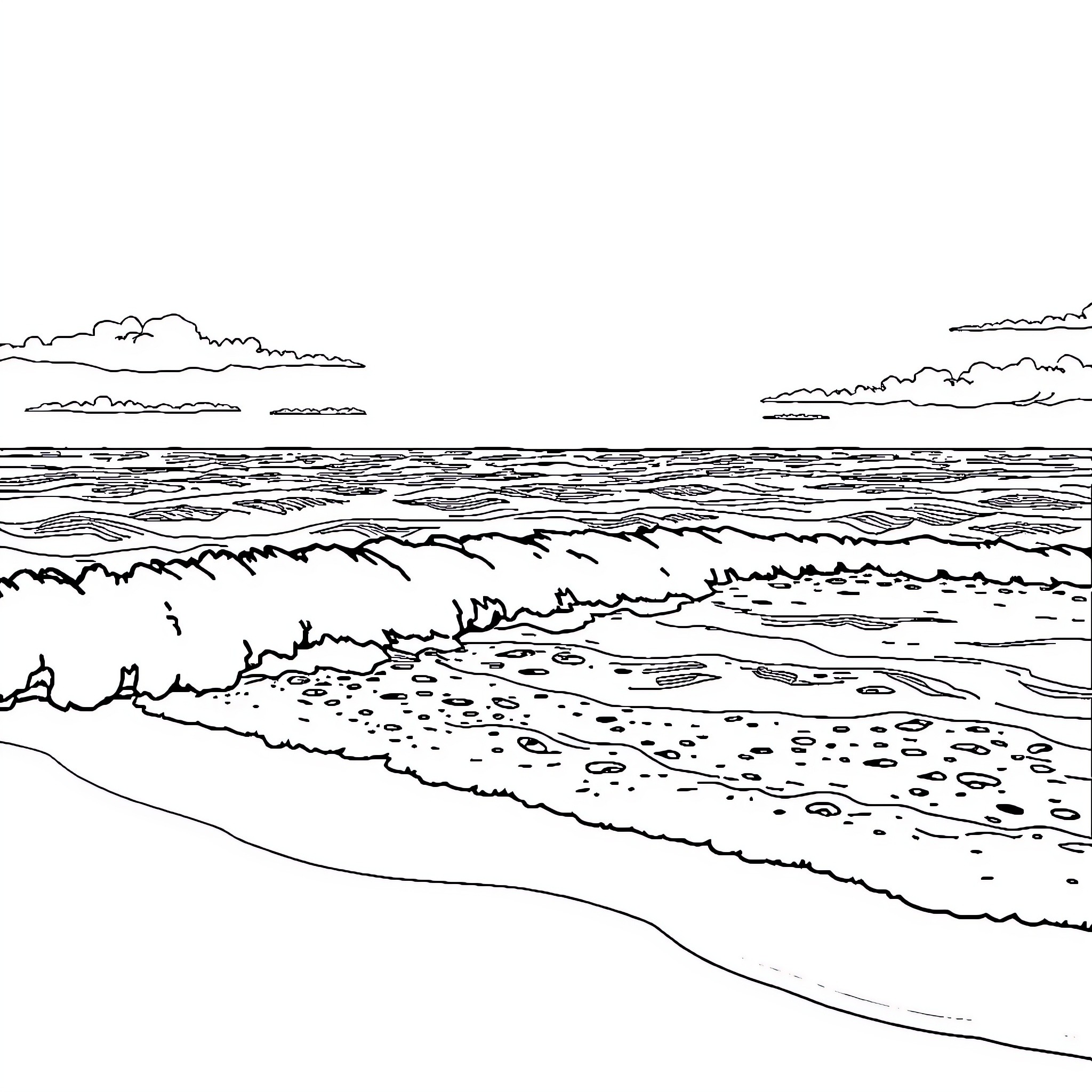 Ocean Waves Crashing on the Shore Coloring Page (free black-and-white line drawing printable PDF for all, from beginners to advanced learners, including children, teens, adults, and seniors)