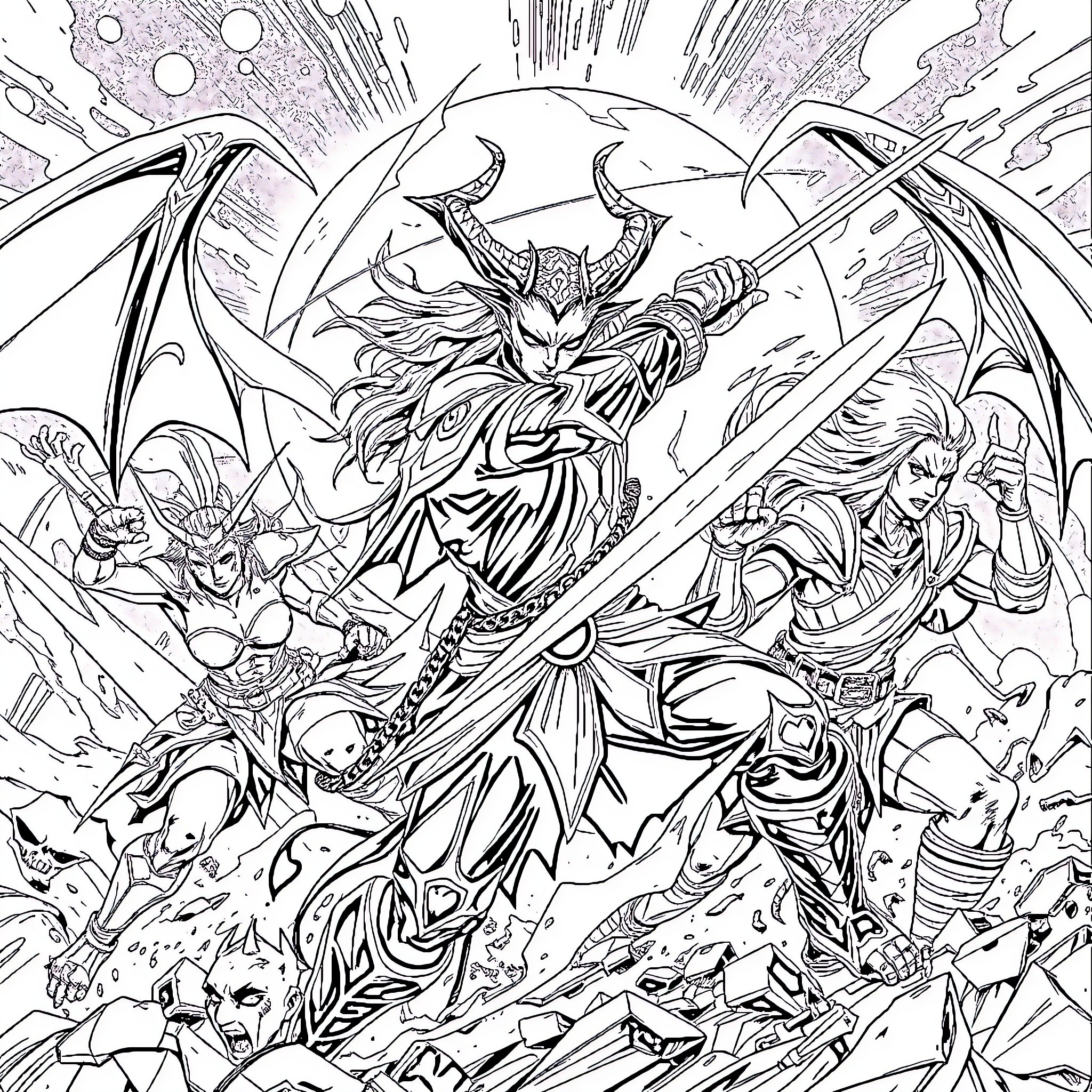 Demon Slayer: Epic Battle of Heroic Warriors Coloring Page (free black-and-white line drawing printable PDF for all, from beginners to advanced learners, including children, teens, adults, and seniors)