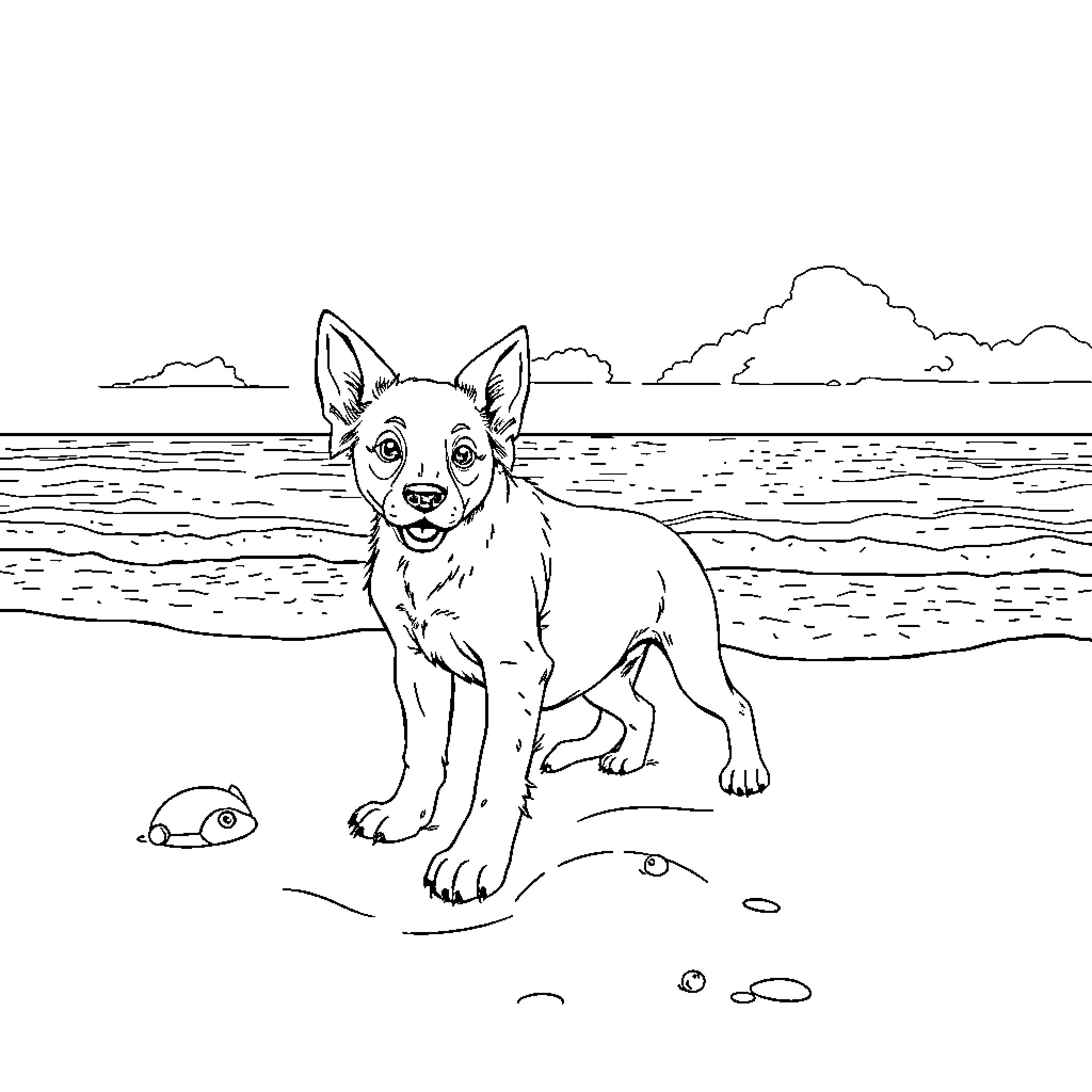 Nova Playful Dog Frolicking on the Beach Coloring Page (free black-and-white line drawing printable PDF for all, from beginners to advanced learners, including children, teens, adults, and seniors)