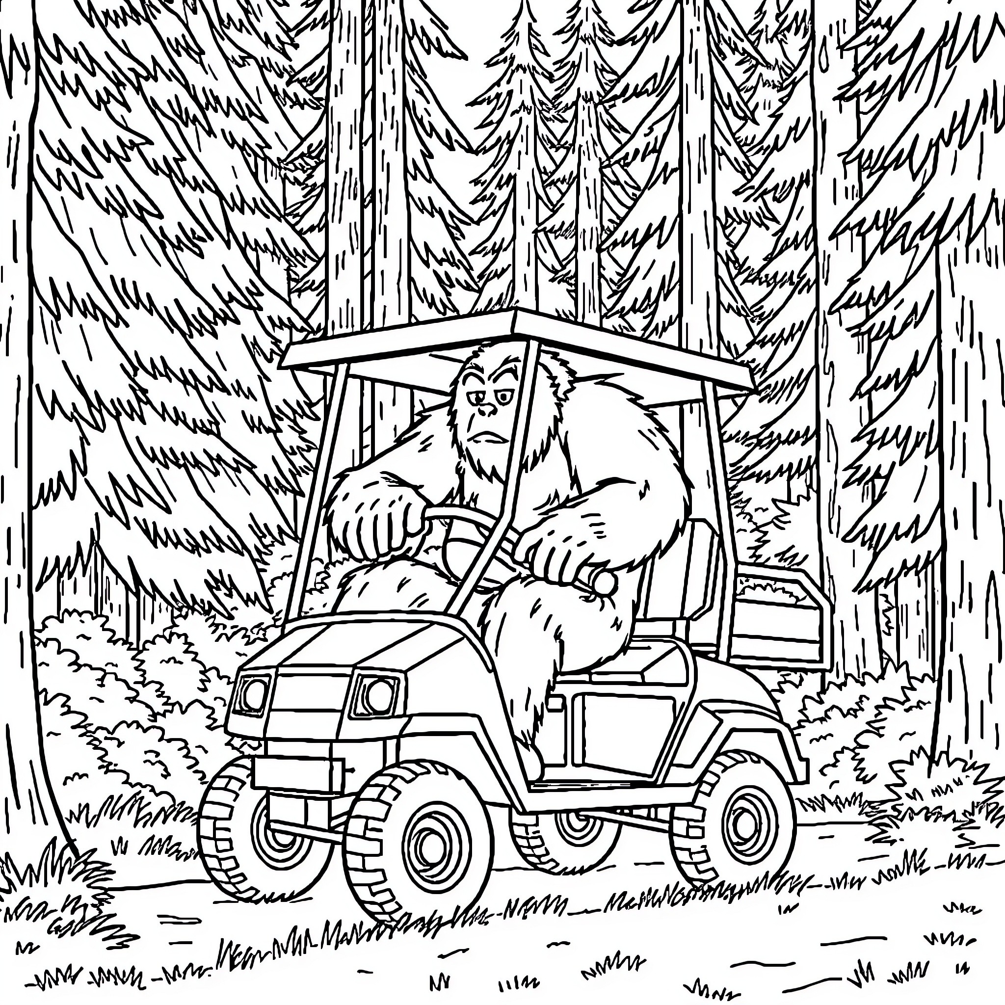 Bigfoot driving an off-road vehicle in the forest Coloring Page (free black-and-white line drawing printable PDF for all, from beginners to advanced learners, including children, teens, adults, and seniors)