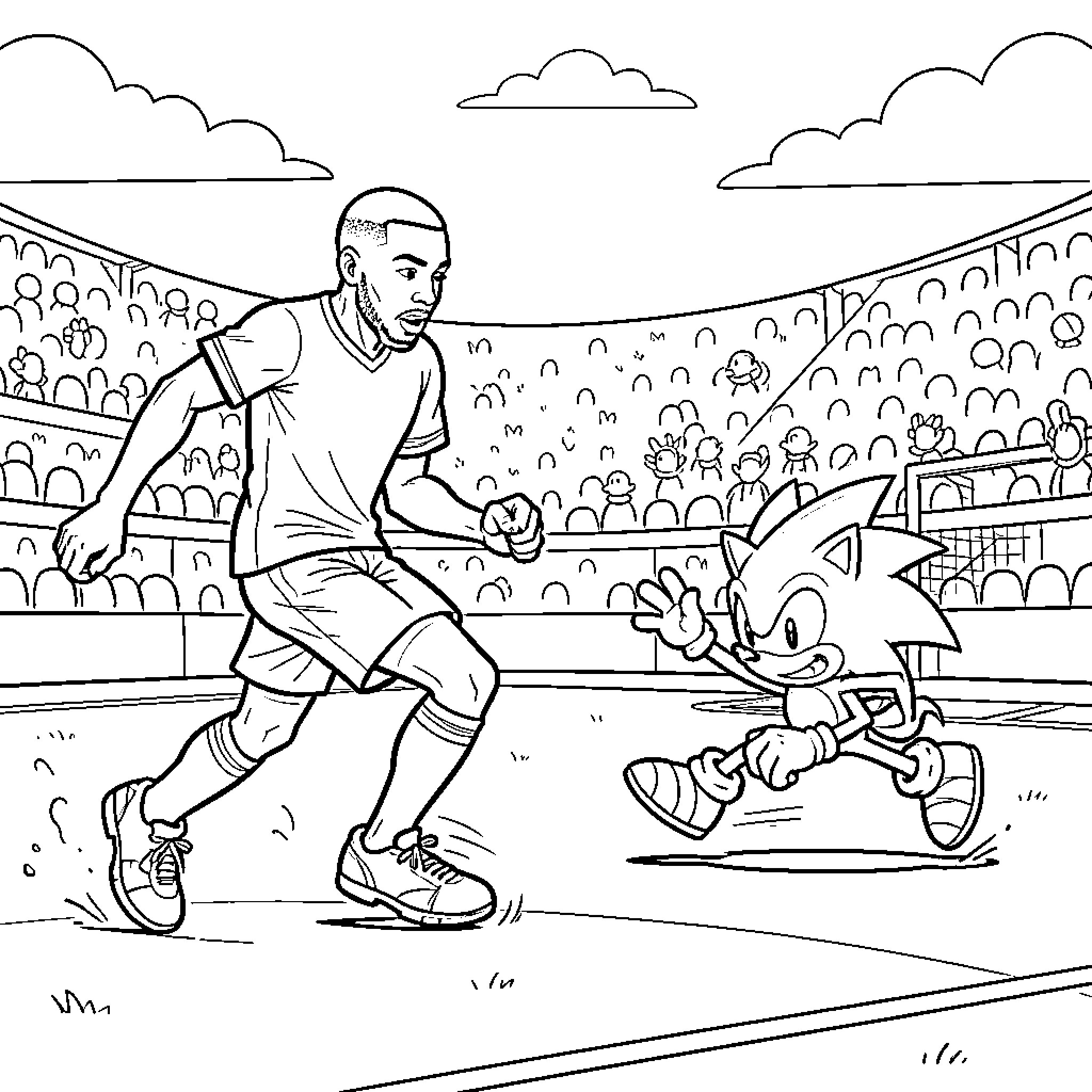 Mbappe playing soccer against Sonic in a stadium Coloring Page (free black-and-white line drawing printable PDF for all, from beginners to advanced learners, including children, teens, adults, and seniors)
