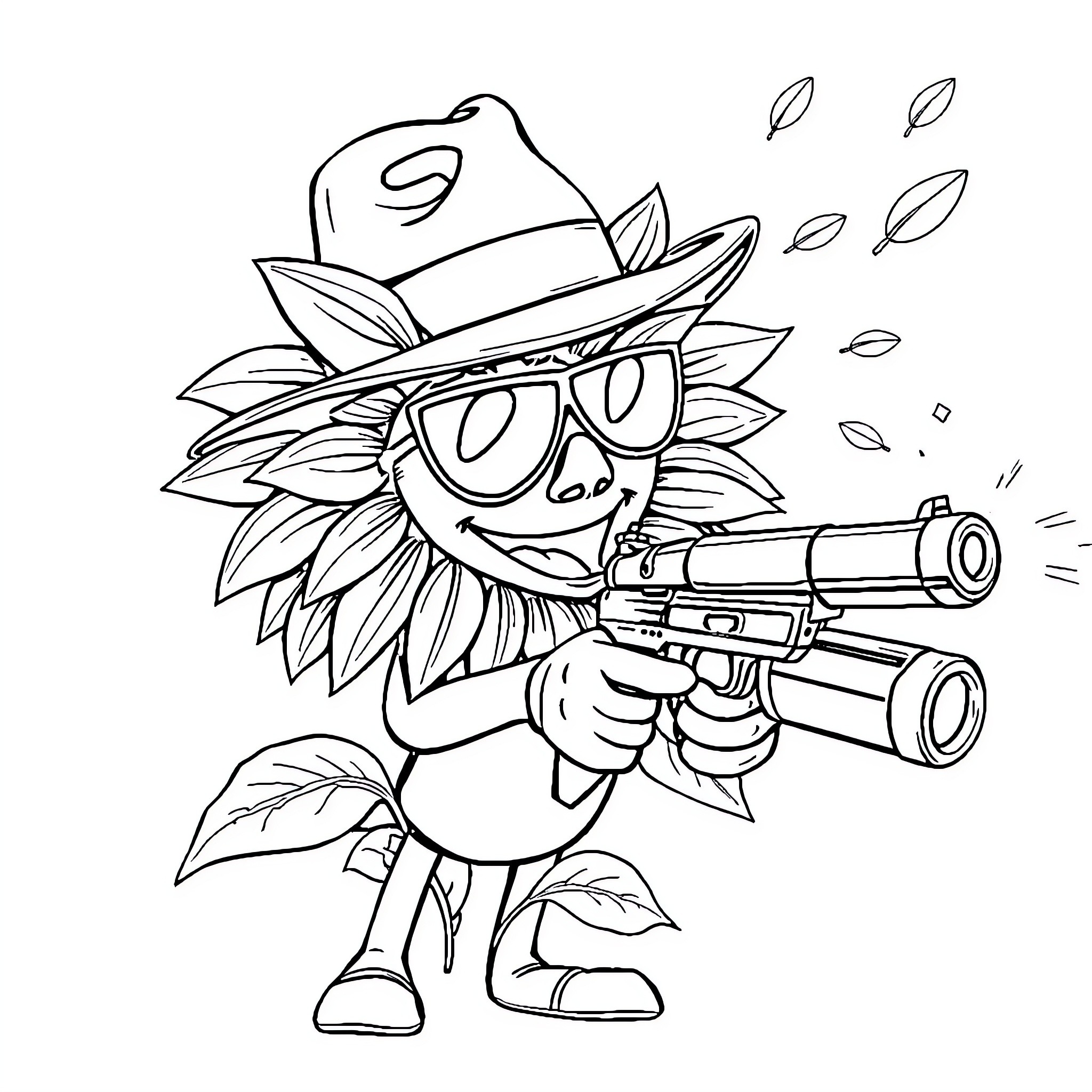 Sunflower cowboy aiming toy gun excitedly Coloring Page (free black-and-white line drawing printable PDF for all, from beginners to advanced learners, including children, teens, adults, and seniors)