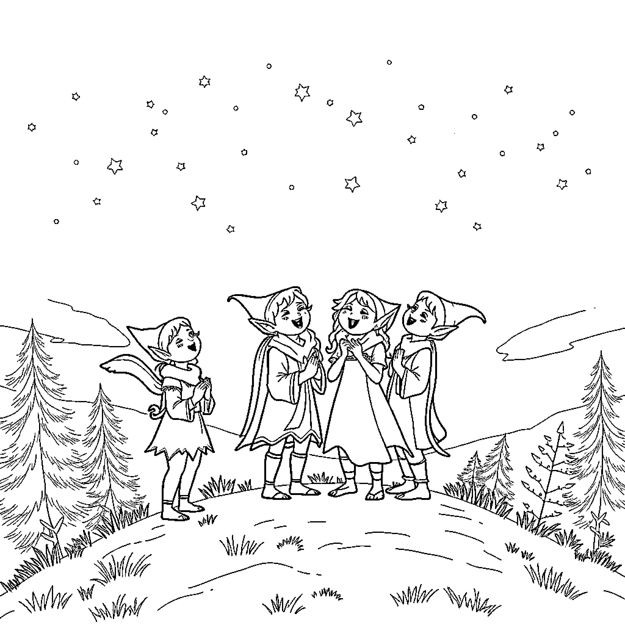 Elf Children Playing in the Starry Forest Coloring Page (free black-and-white line drawing printable PDF for all, from beginners to advanced learners, including children, teens, adults, and seniors)