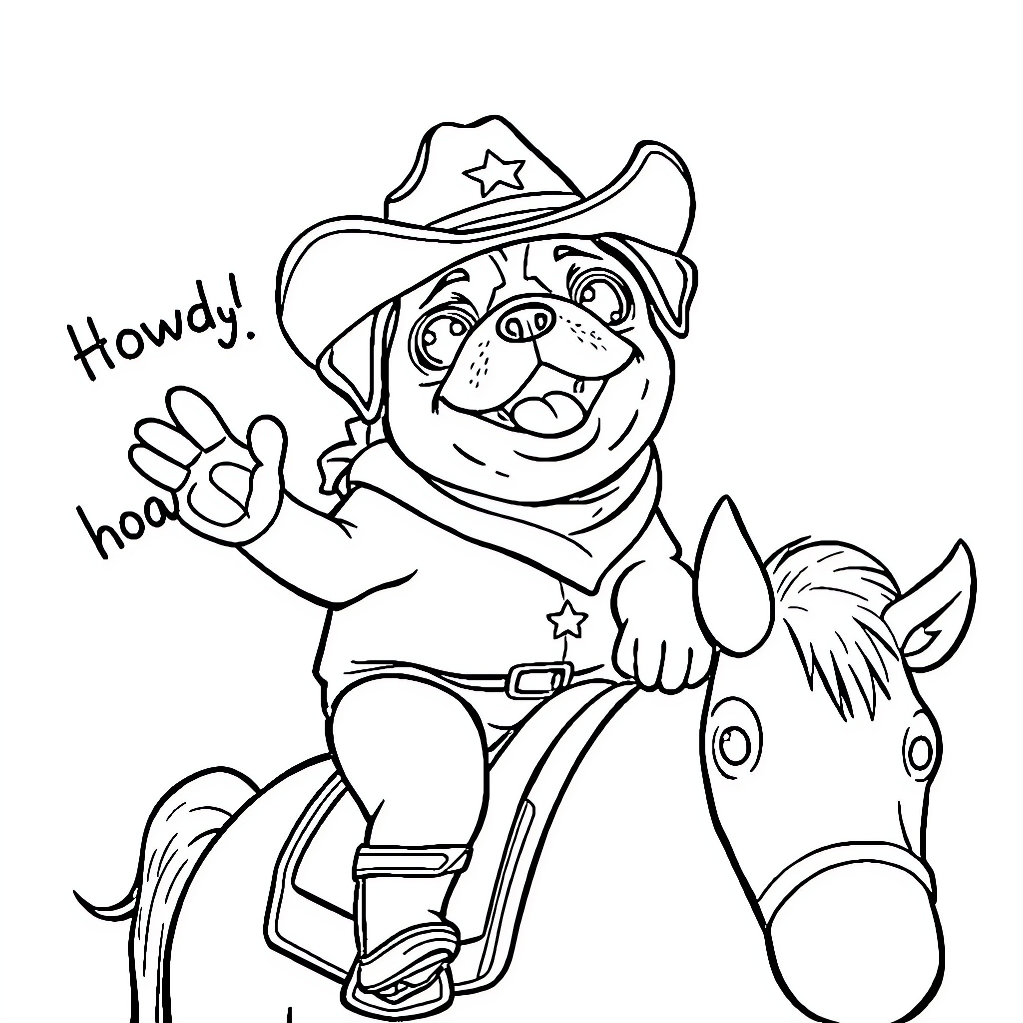 Pug in Cowboy Outfit Waving Enthusiastically Coloring Page (free black-and-white line drawing printable PDF for all, from beginners to advanced learners, including children, teens, adults, and seniors)