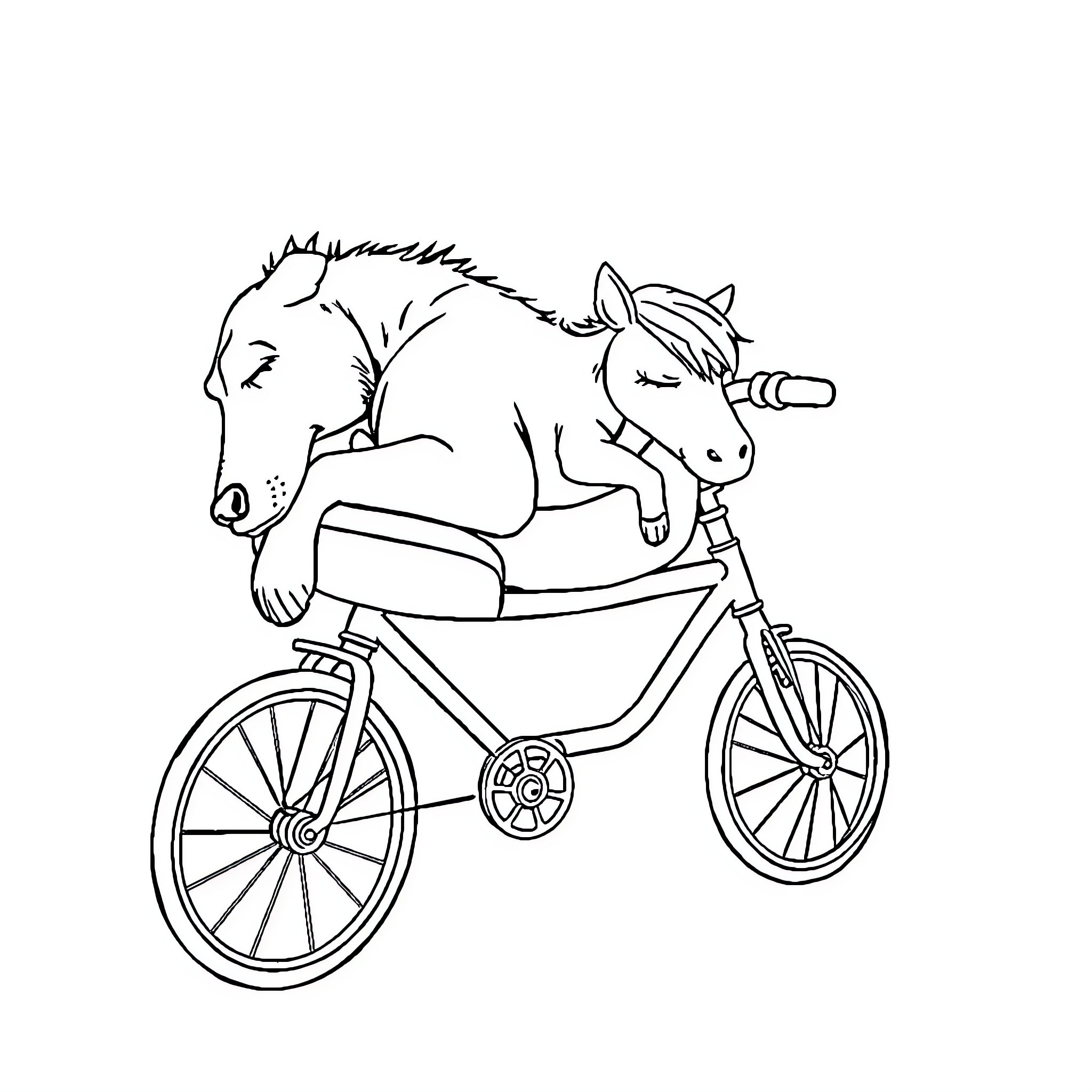 Perro riding a bicycle happily Coloring Page (free black-and-white line drawing printable PDF for all, from beginners to advanced learners, including children, teens, adults, and seniors)