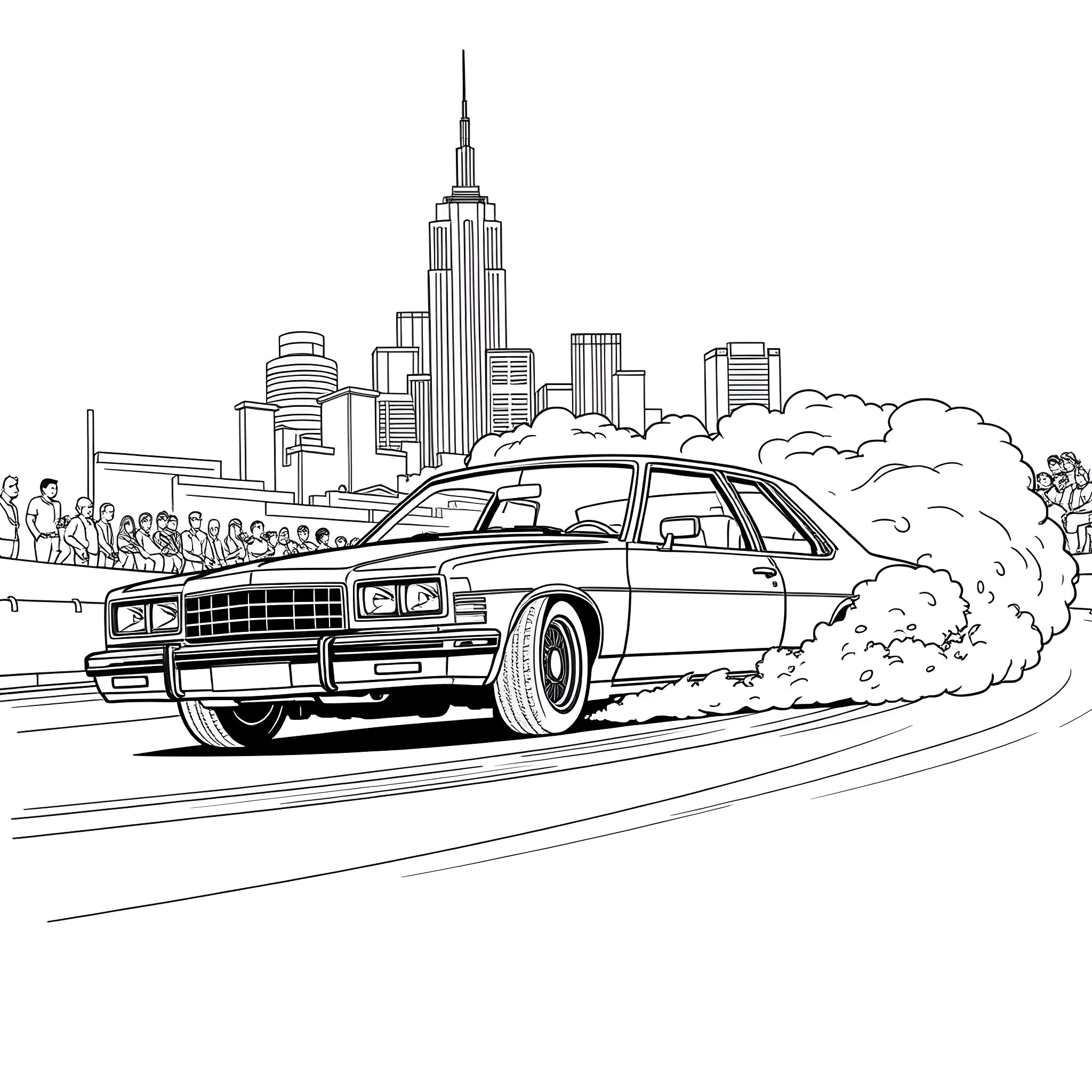 Vauxhall Senator speeding through the city streets Coloring Page (free black-and-white line drawing printable PDF for all, from beginners to advanced learners, including children, teens, adults, and seniors)