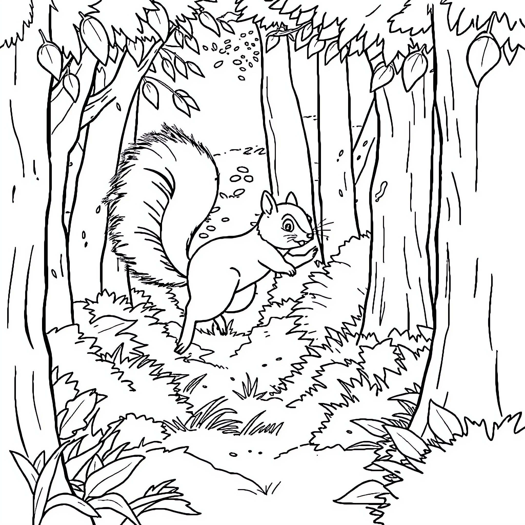 Squirrel foraging in the forest Coloring Page (free black-and-white line drawing printable PDF for all, from beginners to advanced learners, including children, teens, adults, and seniors)