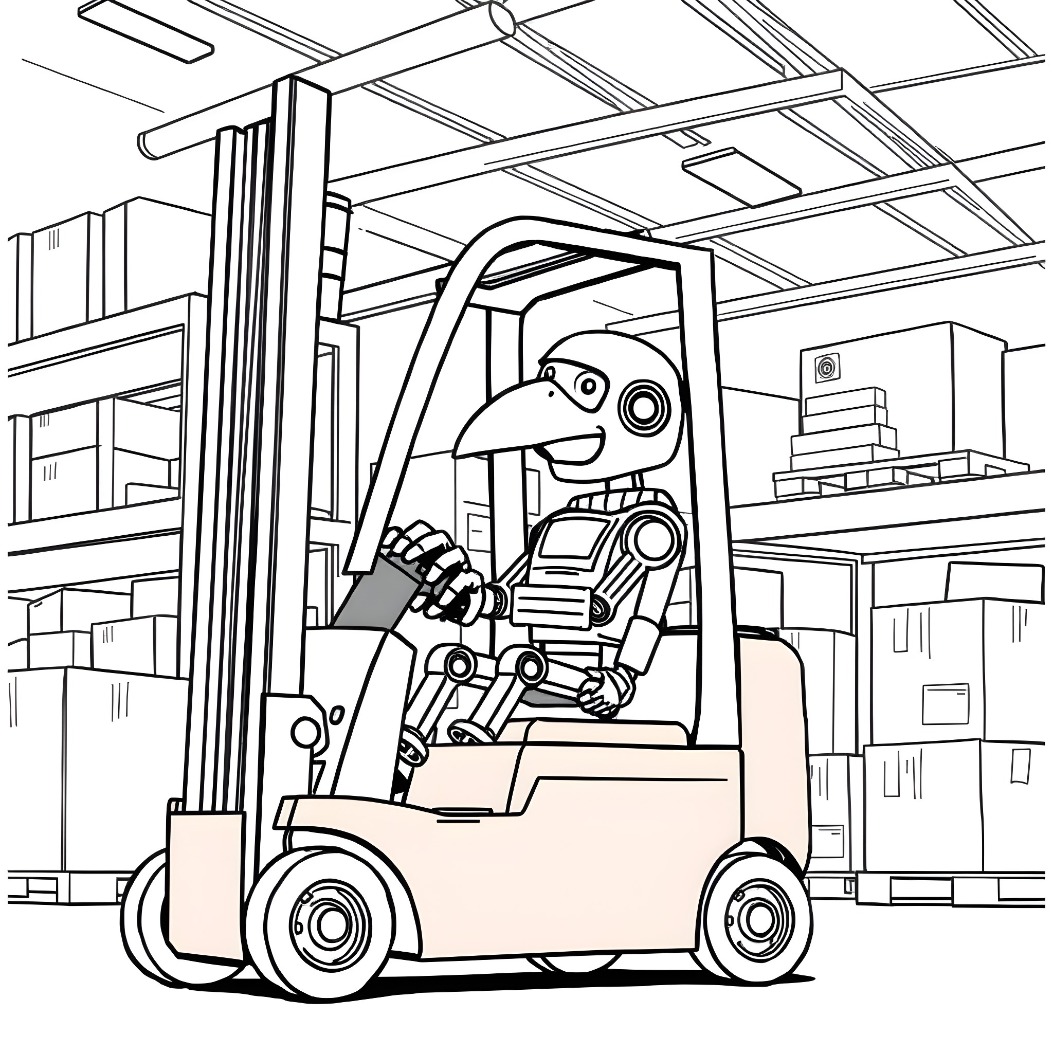 Crow T. Robot operating a forklift in a warehouse Coloring Page (free black-and-white line drawing printable PDF for all, from beginners to advanced learners, including children, teens, adults, and seniors)