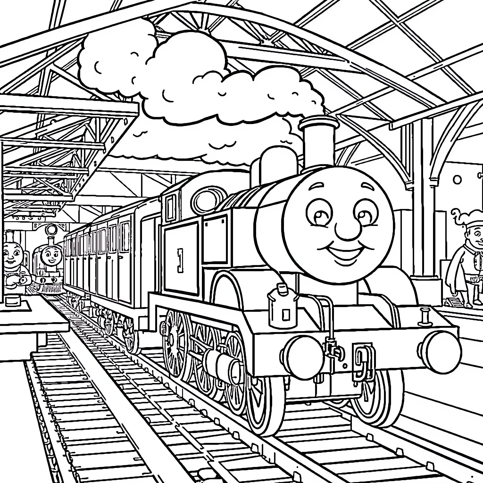 Thomas' Happy Journey on the Train Coloring Page (free black-and-white line drawing printable PDF for all, from beginners to advanced learners, including children, teens, adults, and seniors)
