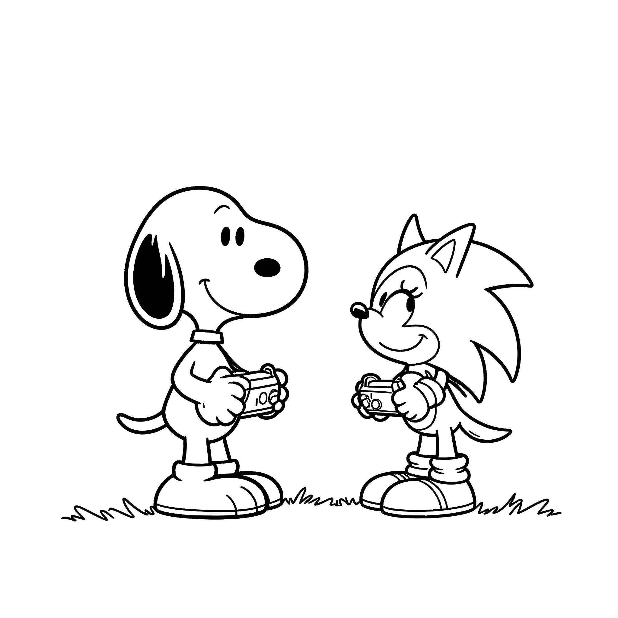 Snoopy and Sonic playing video games together Coloring Page (free black-and-white line drawing printable PDF for all, from beginners to advanced learners, including children, teens, adults, and seniors)