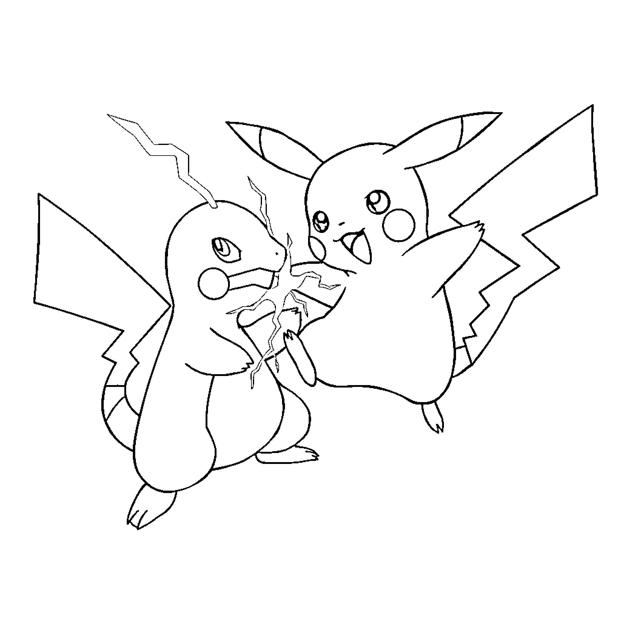 Pikachu engaged in playful interaction Coloring Page (free black-and-white line drawing printable PDF for all, from beginners to advanced learners, including children, teens, adults, and seniors)