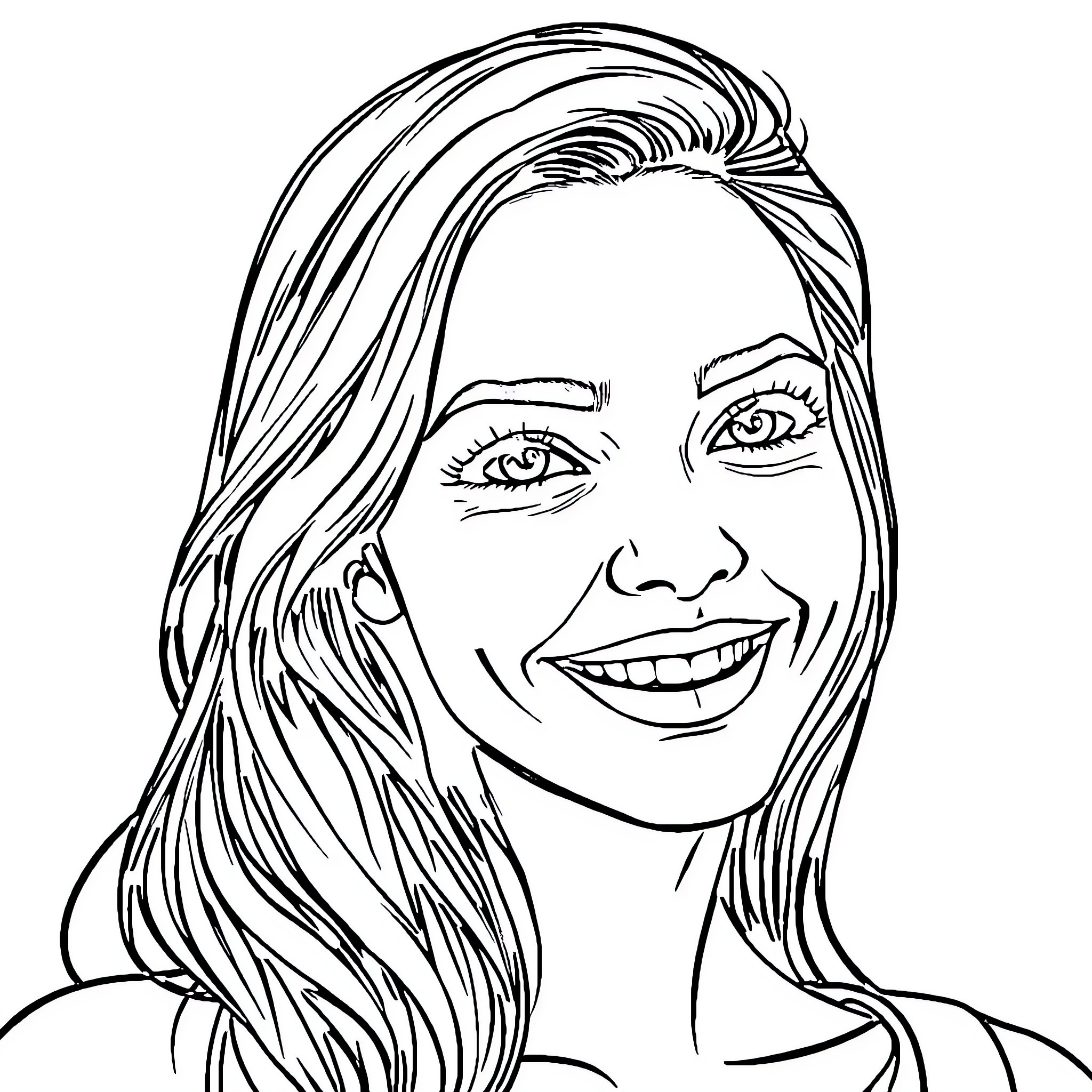 Lady with Joyful Smile and Flowing Hair Coloring Page (free black-and-white line drawing printable PDF for all, from beginners to advanced learners, including children, teens, adults, and seniors)