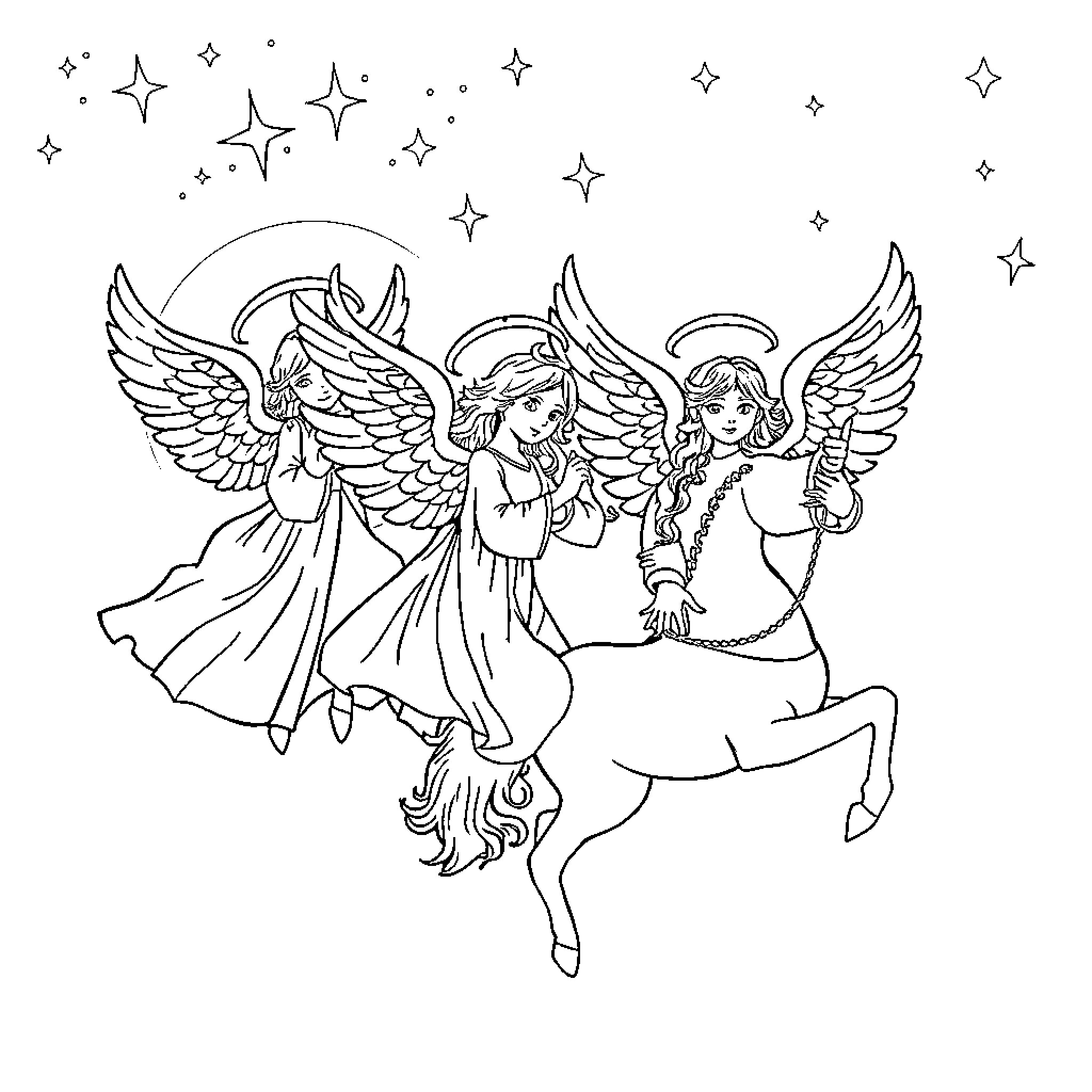 Guardian angels guiding and watching over the night sky Coloring Page (free black-and-white line drawing printable PDF for all, from beginners to advanced learners, including children, teens, adults, and seniors)