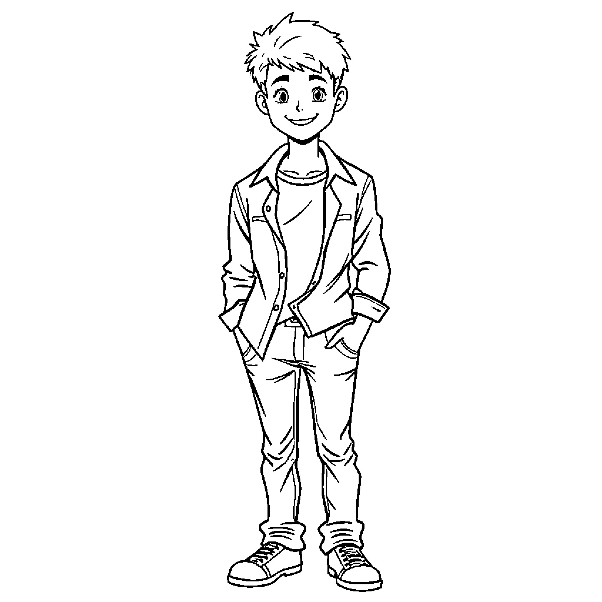 Student in casual attire with cheerful expression Coloring Page (free black-and-white line drawing printable PDF for all, from beginners to advanced learners, including children, teens, adults, and seniors)