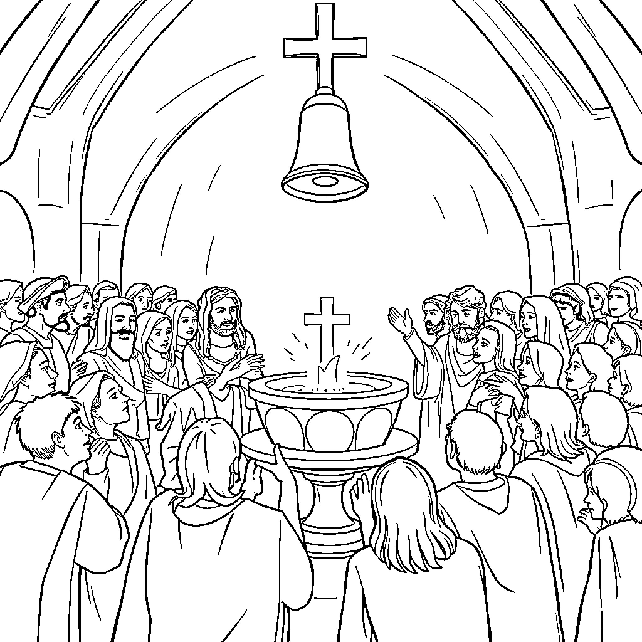 Saint Worshippers Gathering in Church Coloring Page (free black-and-white line drawing printable PDF for all, from beginners to advanced learners, including children, teens, adults, and seniors)