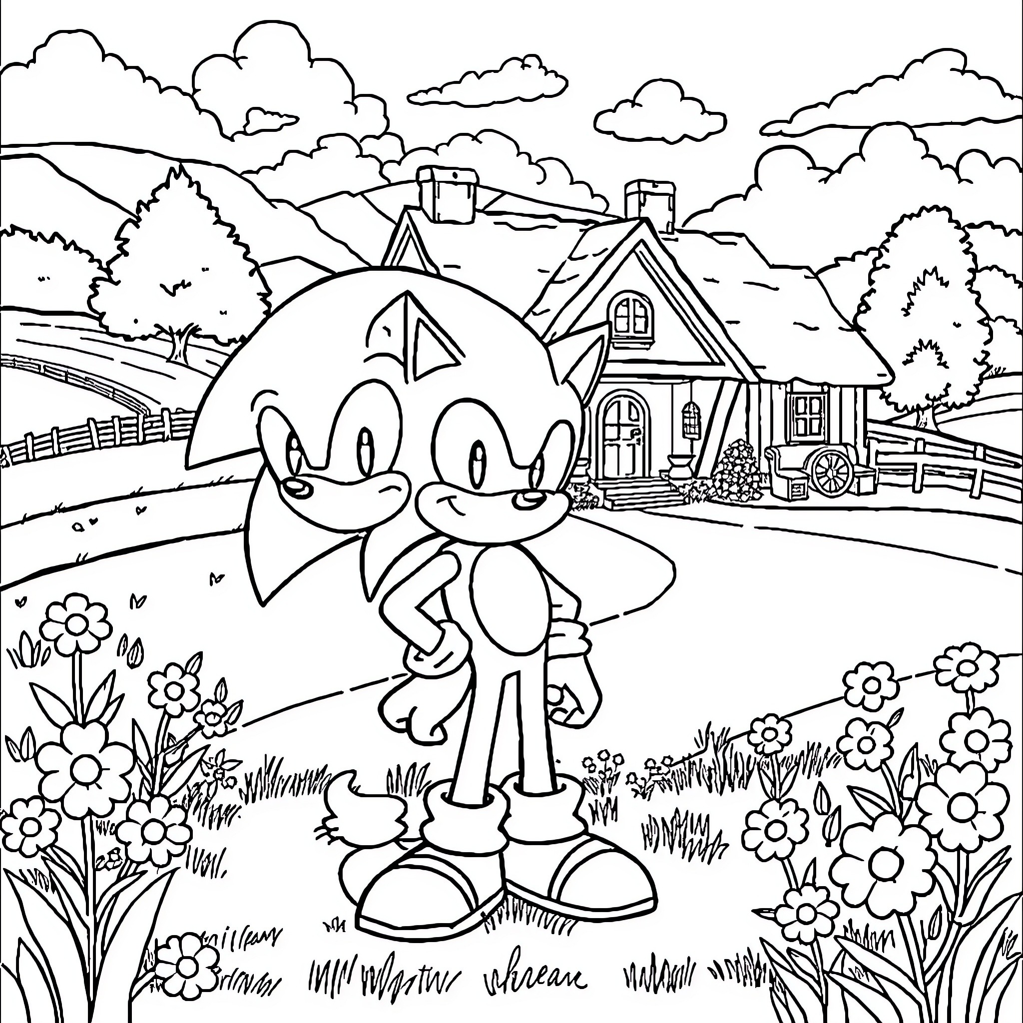Sonic's Charming Country Adventure Coloring Page (free black-and-white line drawing printable PDF for all, from beginners to advanced learners, including children, teens, adults, and seniors)