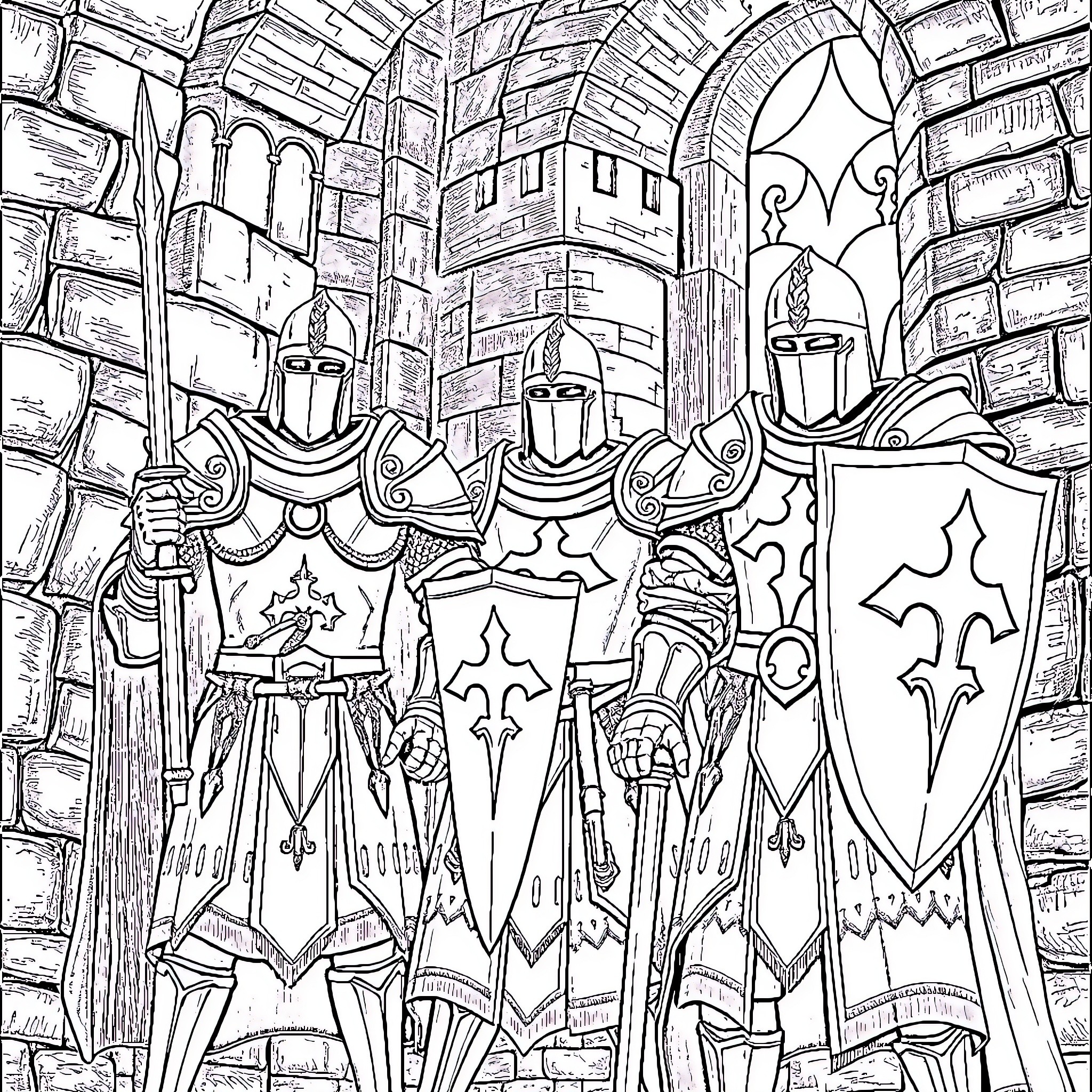 Templar Knights Guarding the Armory Coloring Page (free black-and-white line drawing printable PDF for all, from beginners to advanced learners, including children, teens, adults, and seniors)