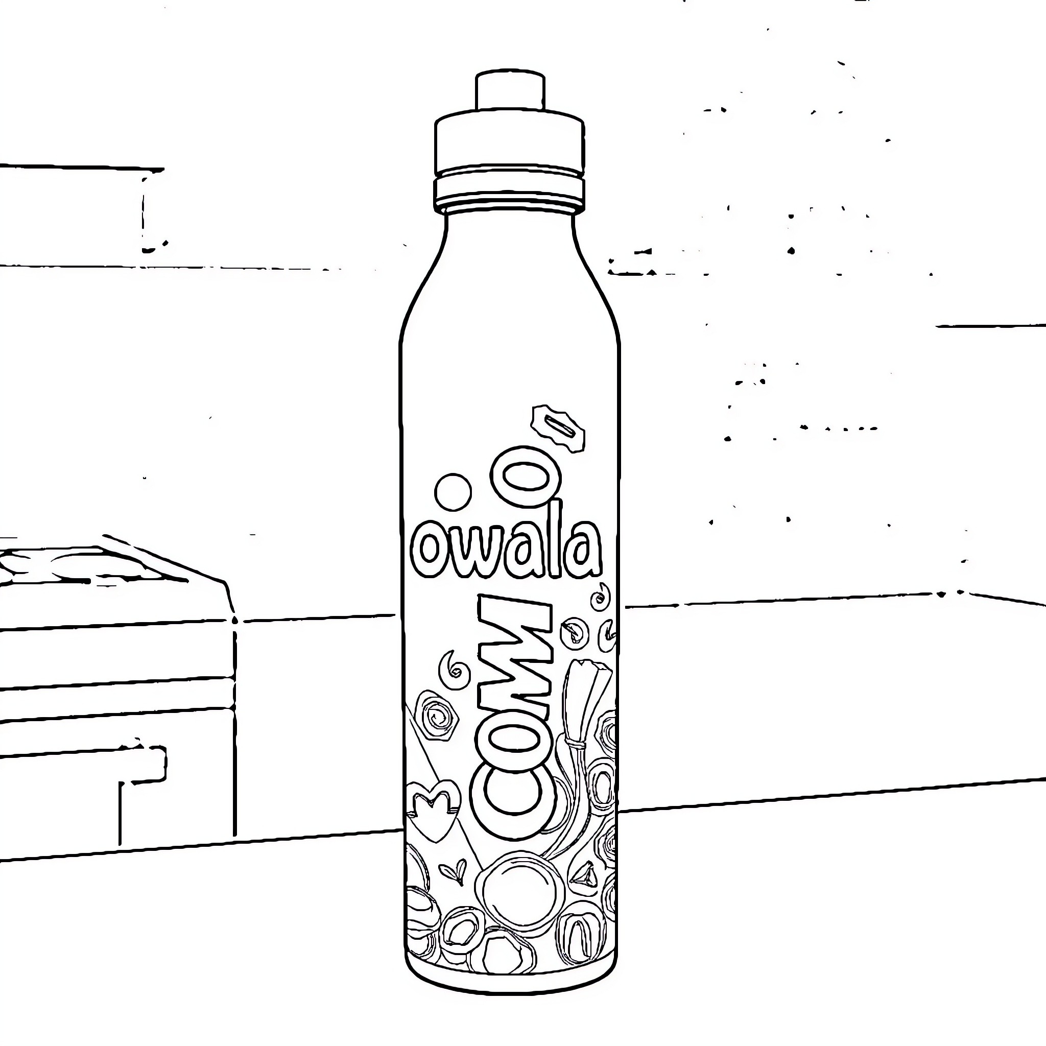 Waterbottle with Colorful Decorations Coloring Page (free black-and-white line drawing printable PDF for all, from beginners to advanced learners, including children, teens, adults, and seniors)