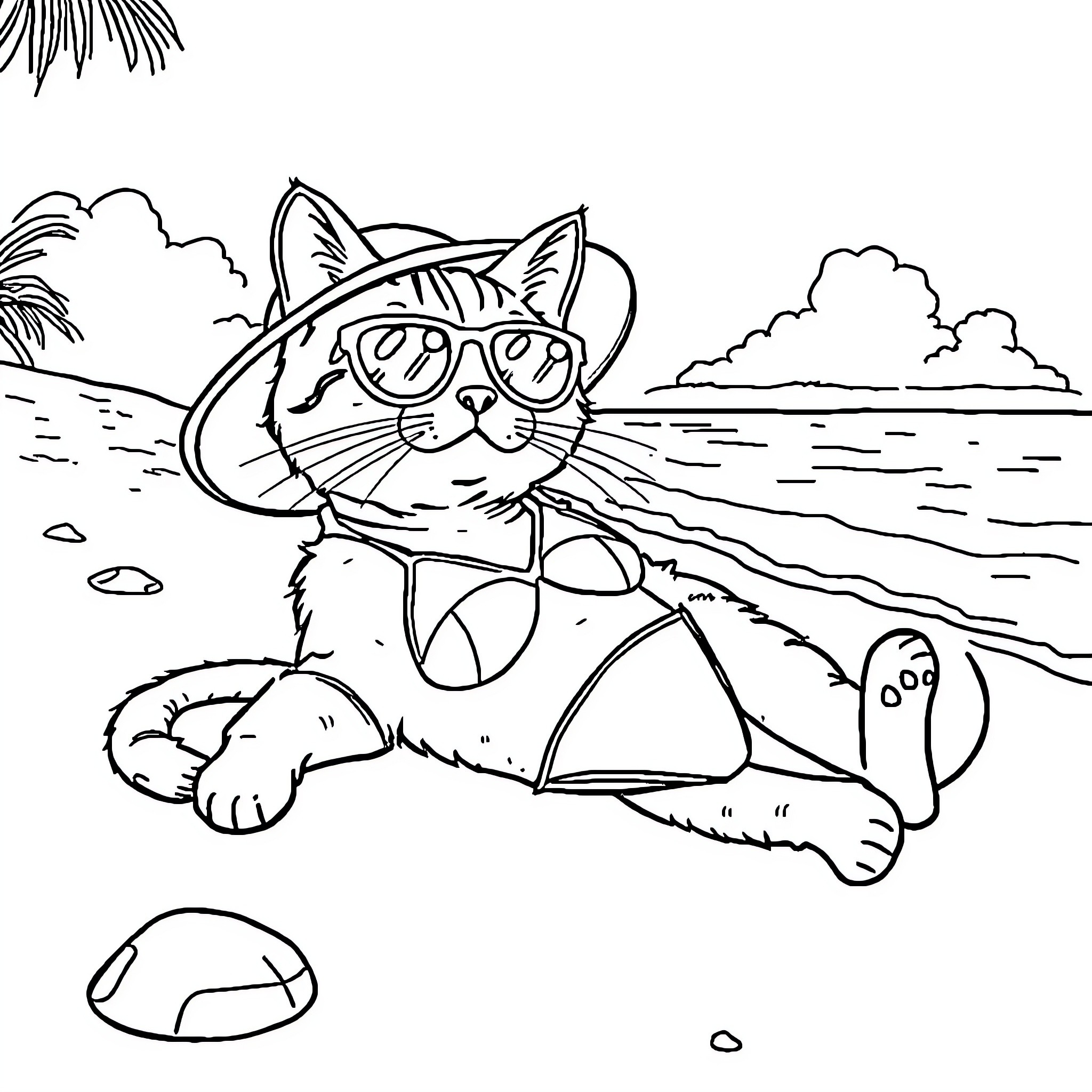 Cat relaxing on the beach in sunglasses Coloring Page (free black-and-white line drawing printable PDF for all, from beginners to advanced learners, including children, teens, adults, and seniors)