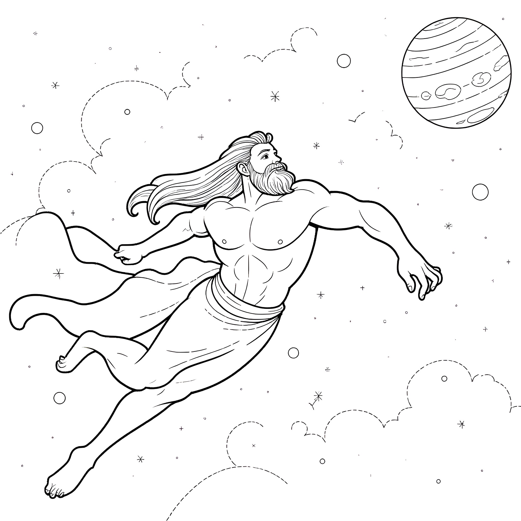 Zeus soaring through the cosmic landscape Coloring Page (free black-and-white line drawing printable PDF for all, from beginners to advanced learners, including children, teens, adults, and seniors)