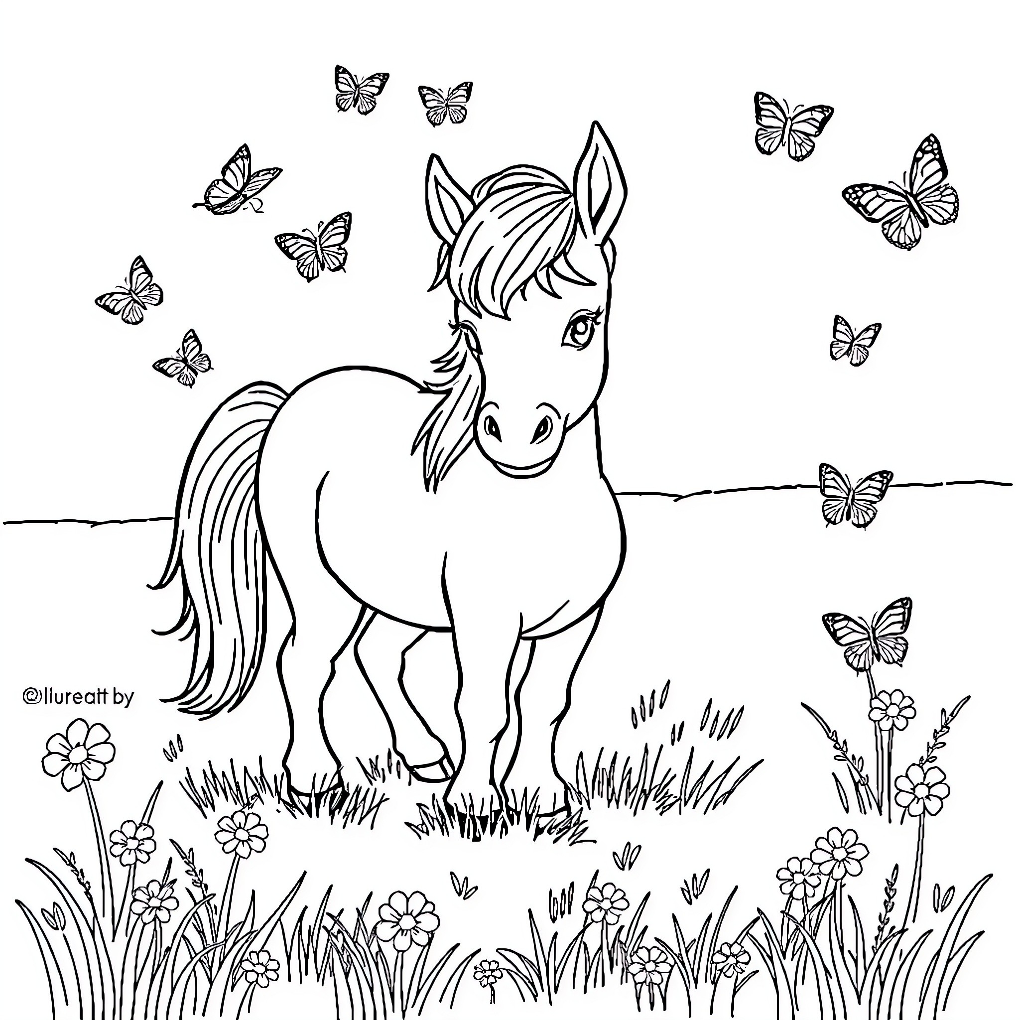 Pony frolicking among butterflies in a floral meadow Coloring Page (free black-and-white line drawing printable PDF for all, from beginners to advanced learners, including children, teens, adults, and seniors)
