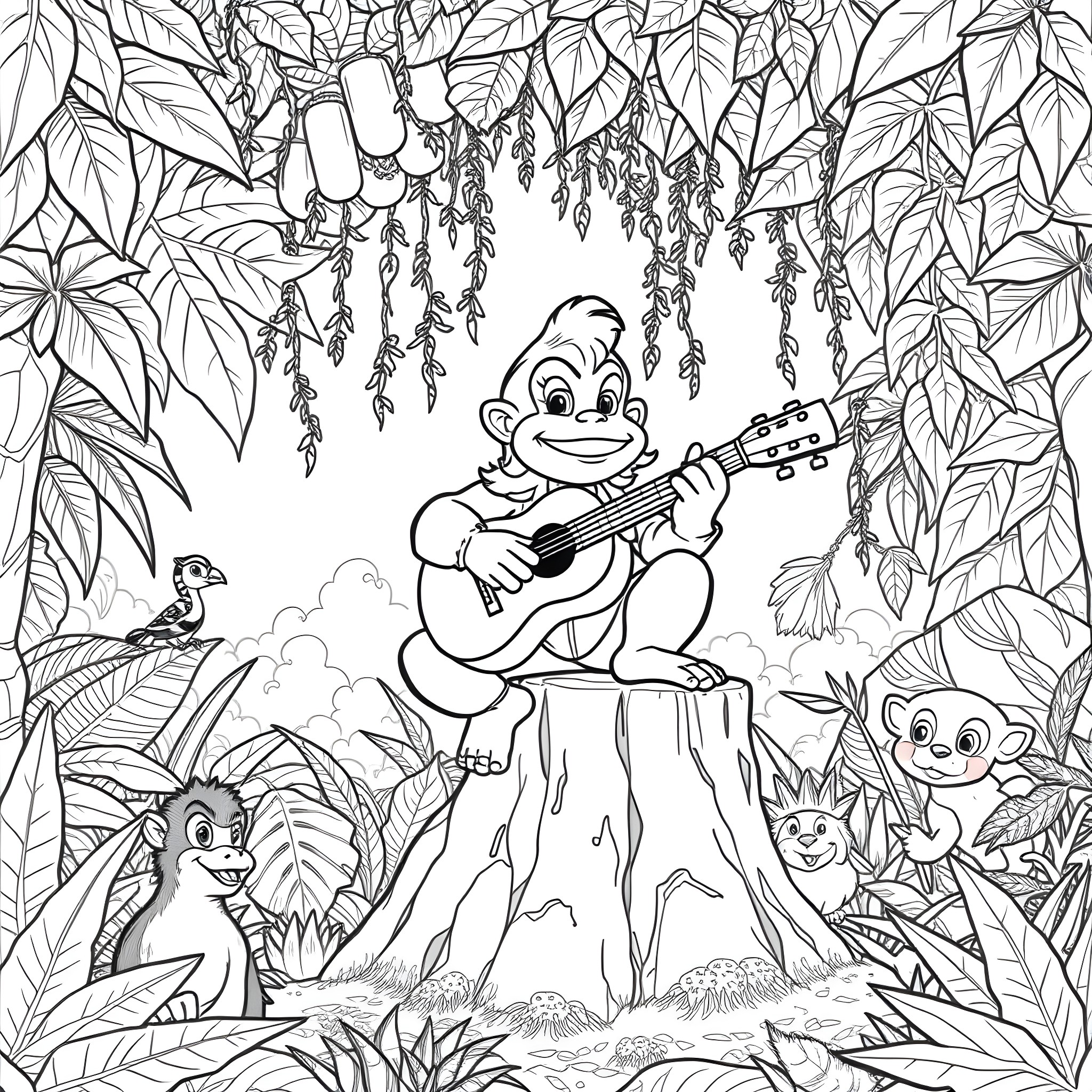 Dixie Kong playing guitar in a lush jungle scene Coloring Page (free black-and-white line drawing printable PDF for all, from beginners to advanced learners, including children, teens, adults, and seniors)