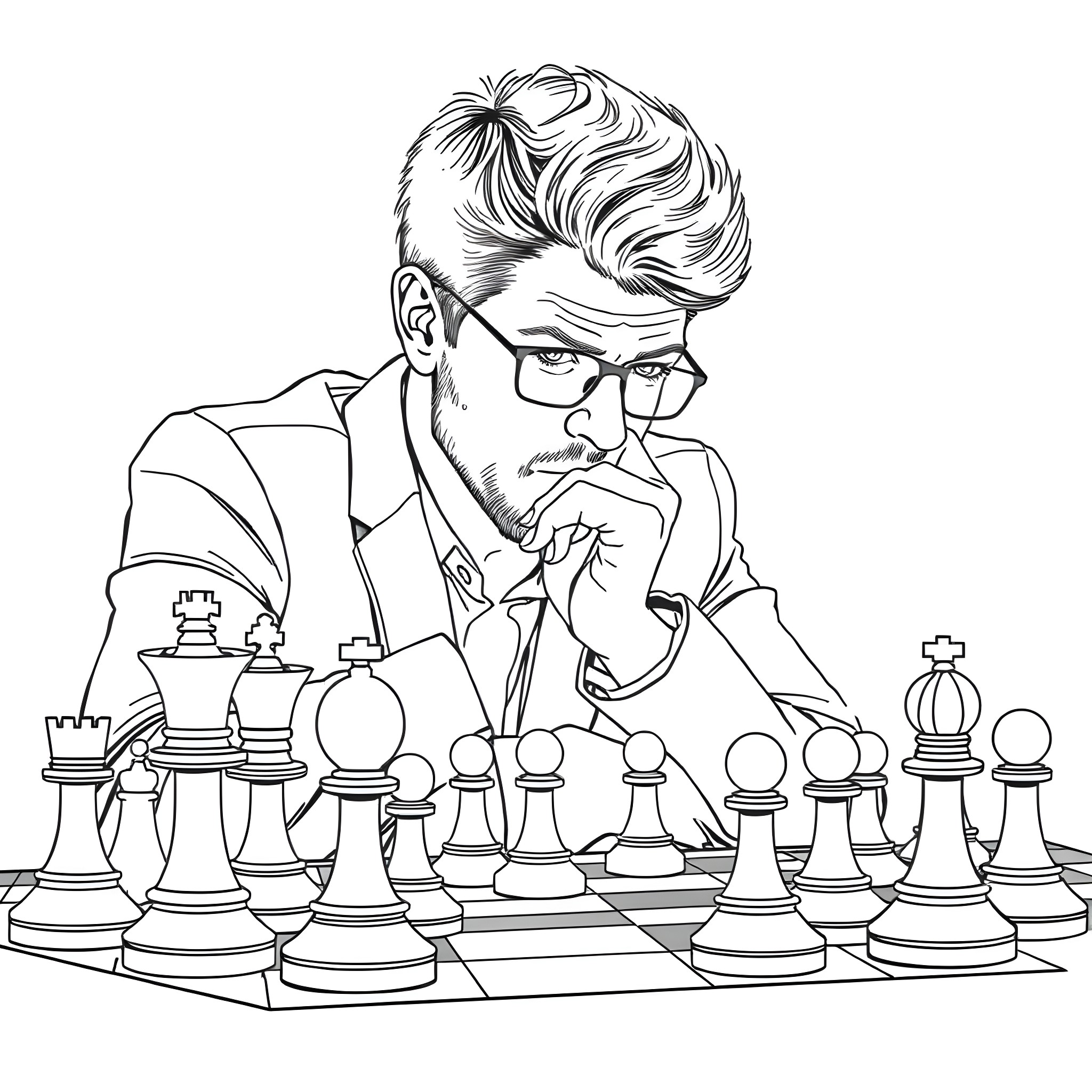 Magnus Carlson deep in thought playing chess Coloring Page (free black-and-white line drawing printable PDF for all, from beginners to advanced learners, including children, teens, adults, and seniors)