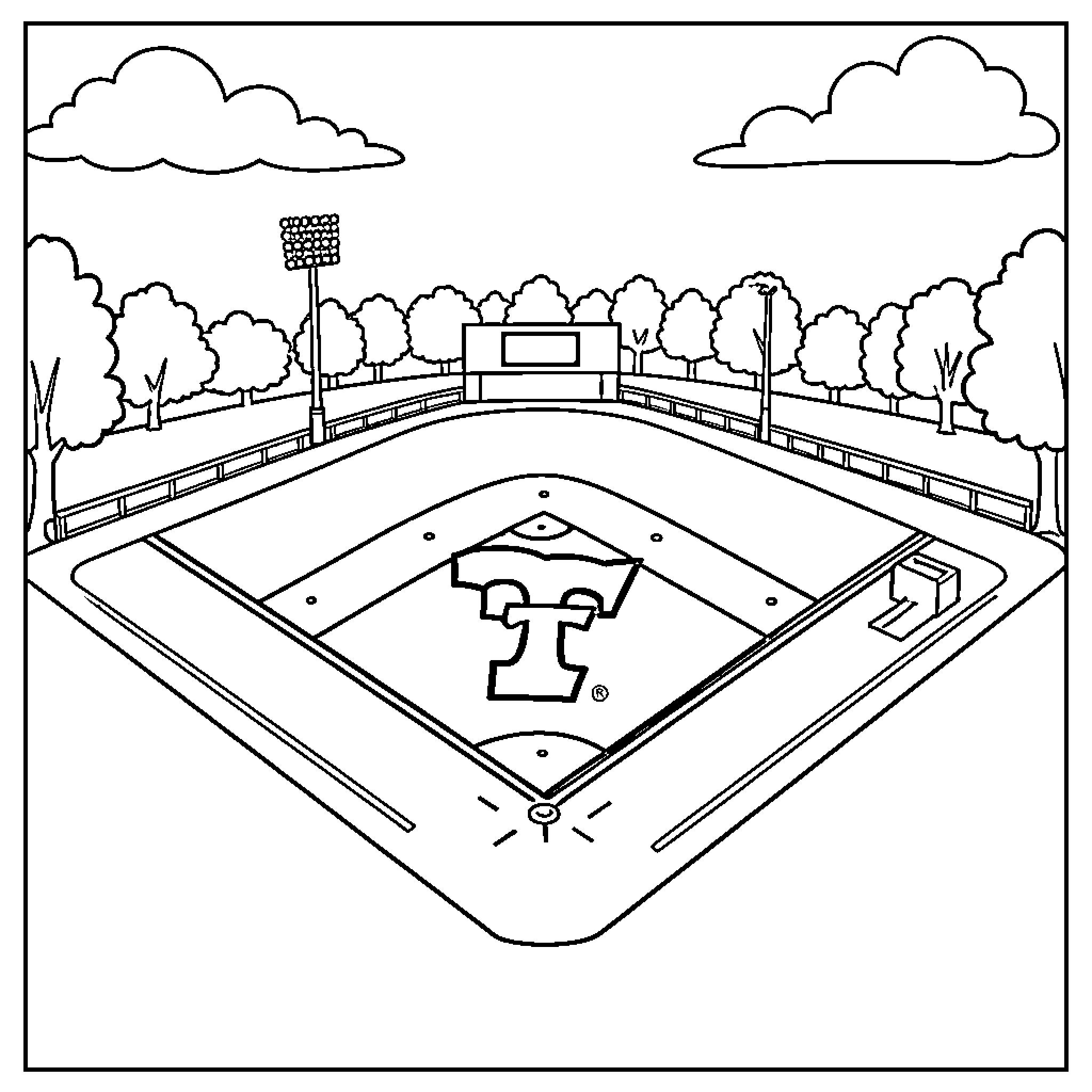 University of Tennessee baseball field under bright sky Coloring Page (free black-and-white line drawing printable PDF for all, from beginners to advanced learners, including children, teens, adults, and seniors)