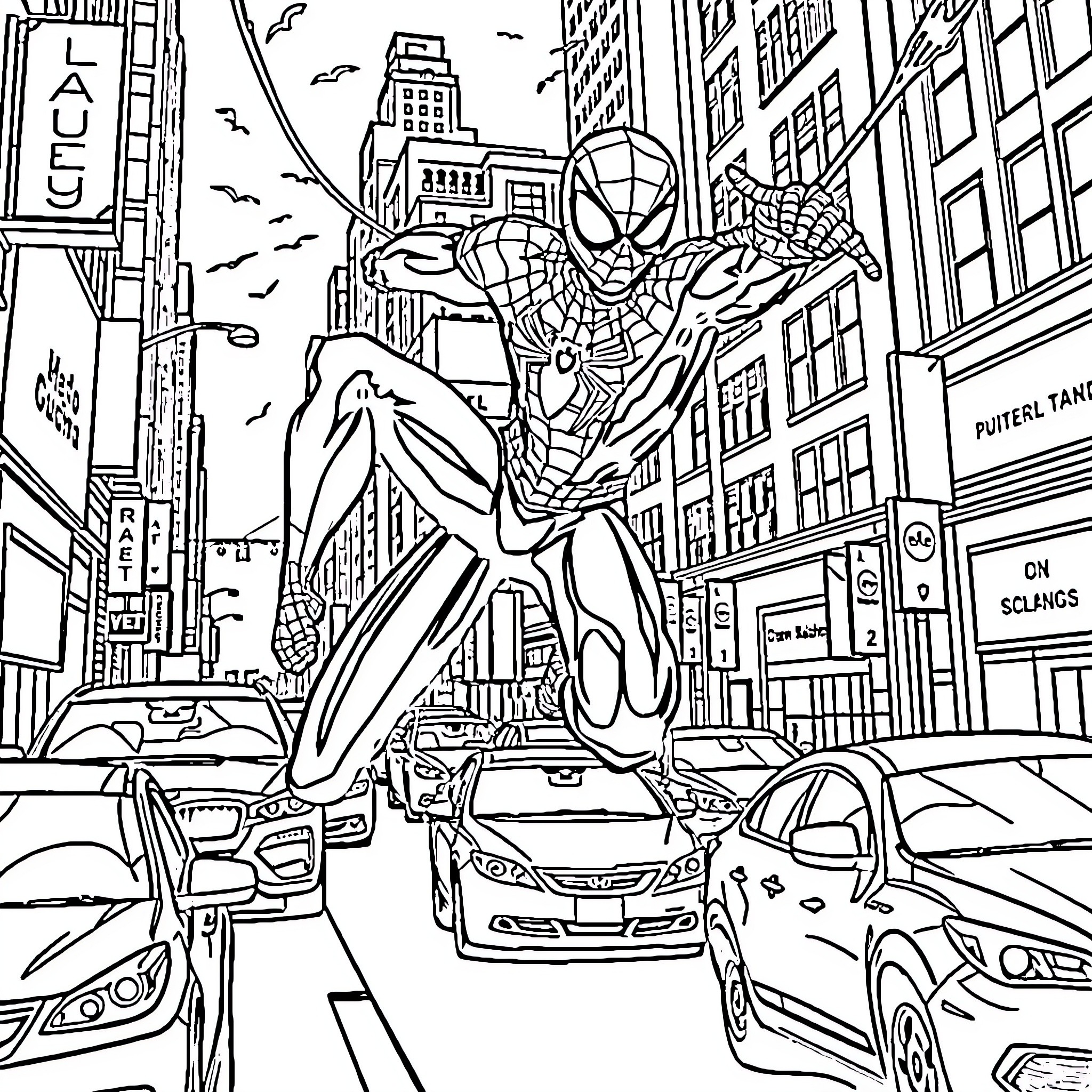 Spiderman swinging through the busy city streets Coloring Page (free black-and-white line drawing printable PDF for all, from beginners to advanced learners, including children, teens, adults, and seniors)