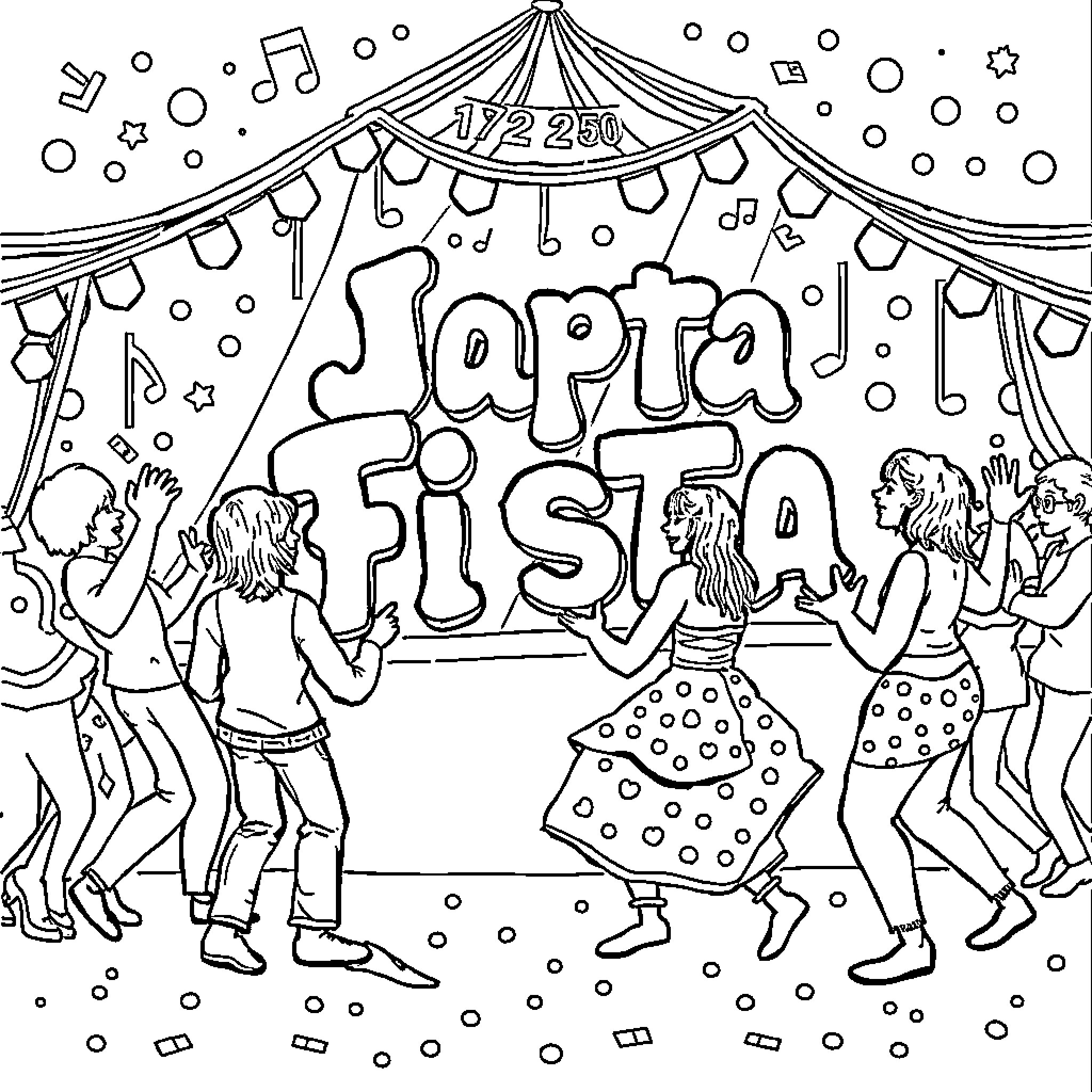 Letters and Numbers Carnival Celebration Coloring Page (free black-and-white line drawing printable PDF for all, from beginners to advanced learners, including children, teens, adults, and seniors)