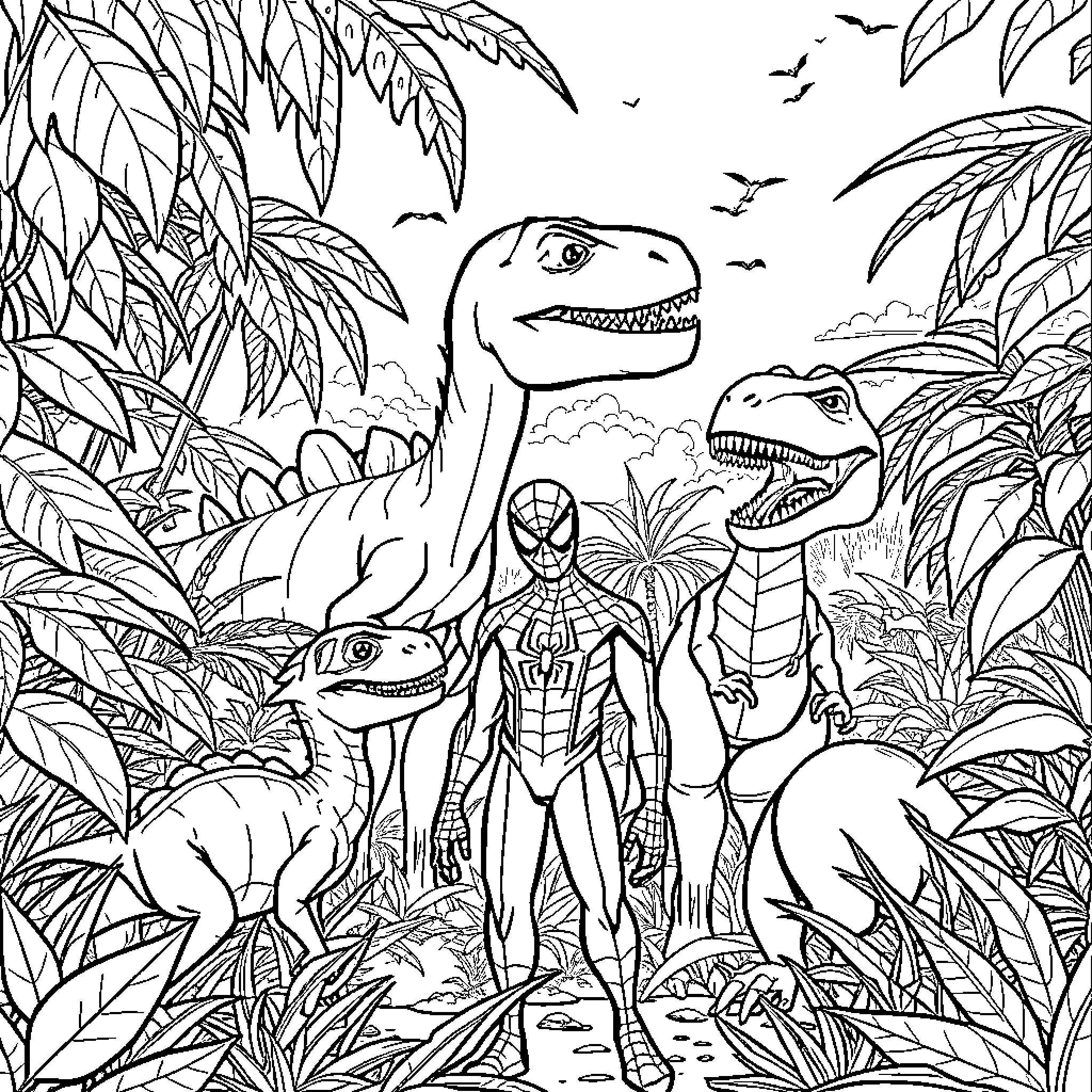 Spiderman encounters dinosaurs in a jungle landscape Coloring Page (free black-and-white line drawing printable PDF for all, from beginners to advanced learners, including children, teens, adults, and seniors)