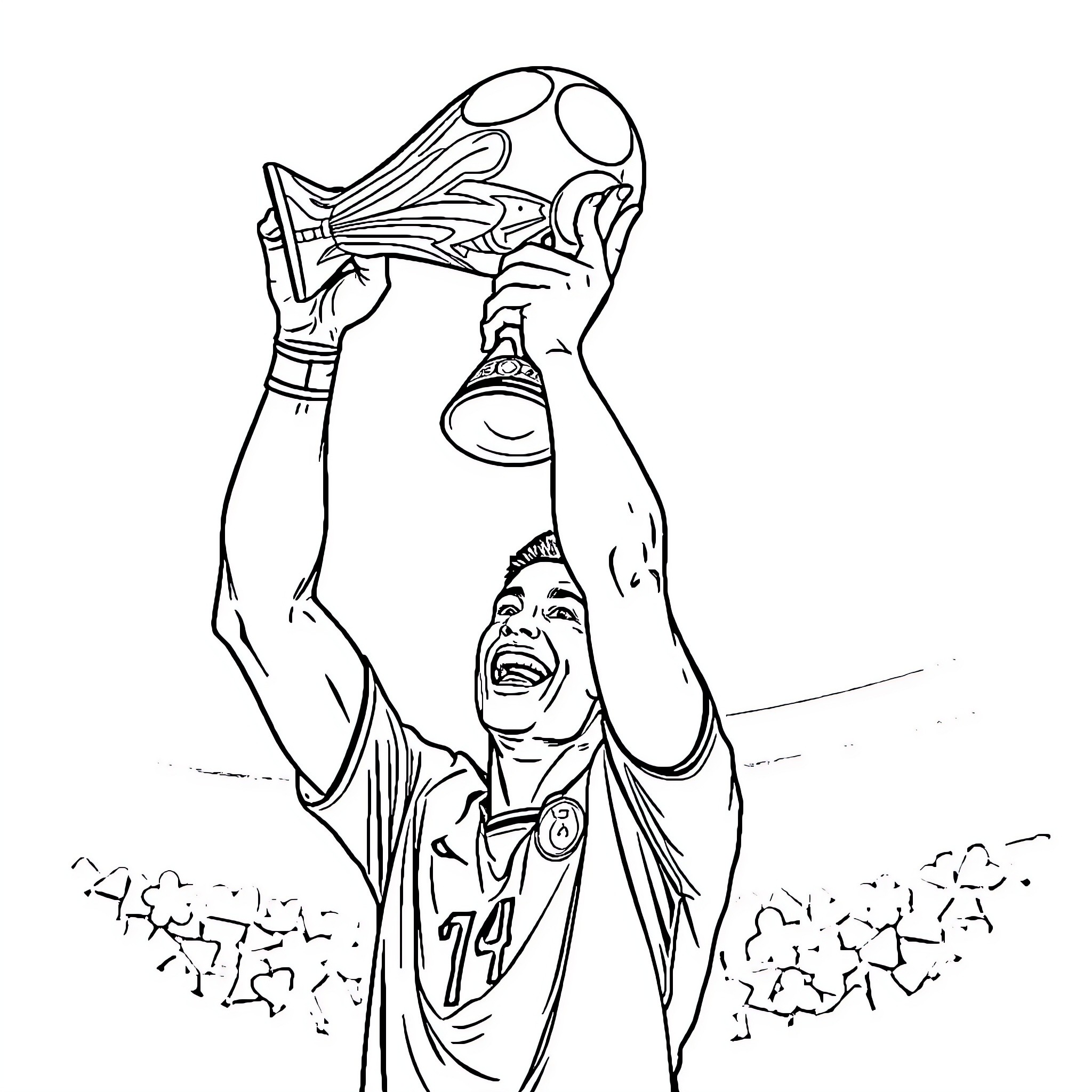 Cristiano Ronaldo celebrating a championship victory Coloring Page (free black-and-white line drawing printable PDF for all, from beginners to advanced learners, including children, teens, adults, and seniors)