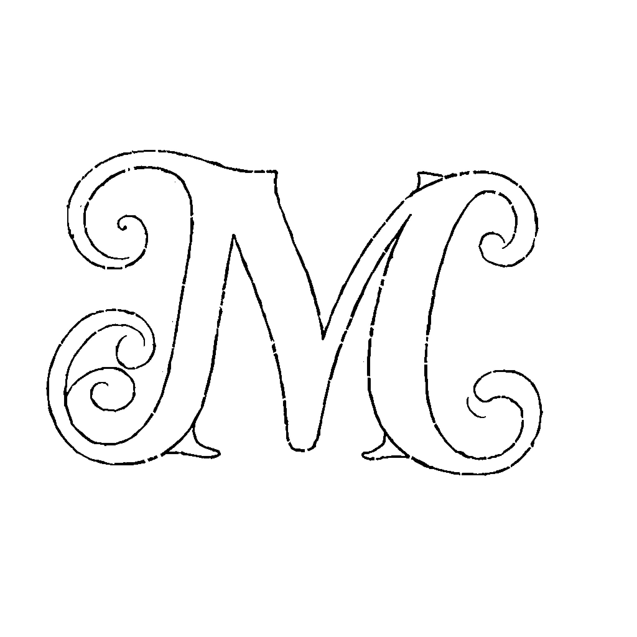 Letter M with Ornamental Swirls Coloring Page (free black-and-white line drawing printable PDF for all, from beginners to advanced learners, including children, teens, adults, and seniors)
