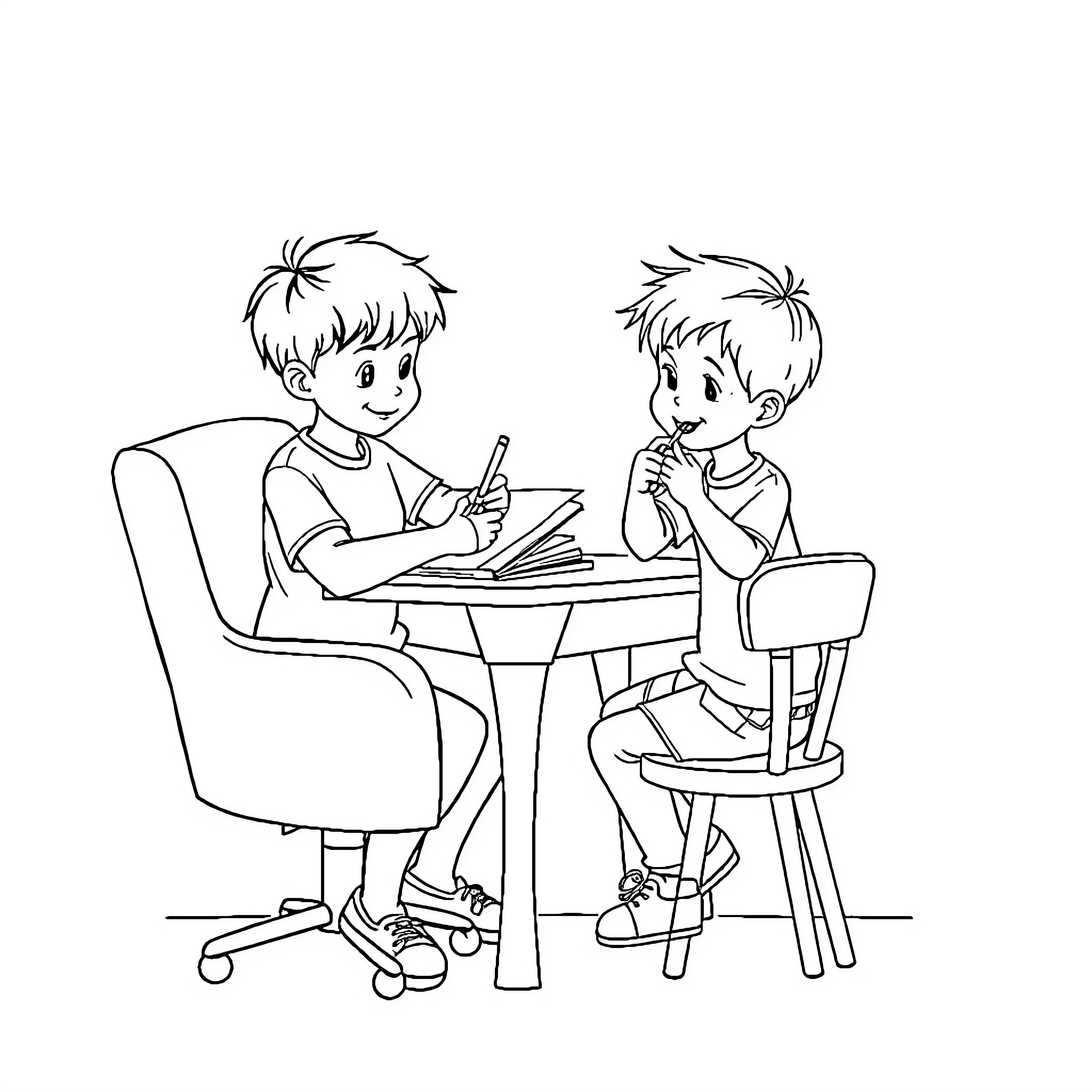 Enfant playing and drawing at the table Coloring Page (free black-and-white line drawing printable PDF for all, from beginners to advanced learners, including children, teens, adults, and seniors)