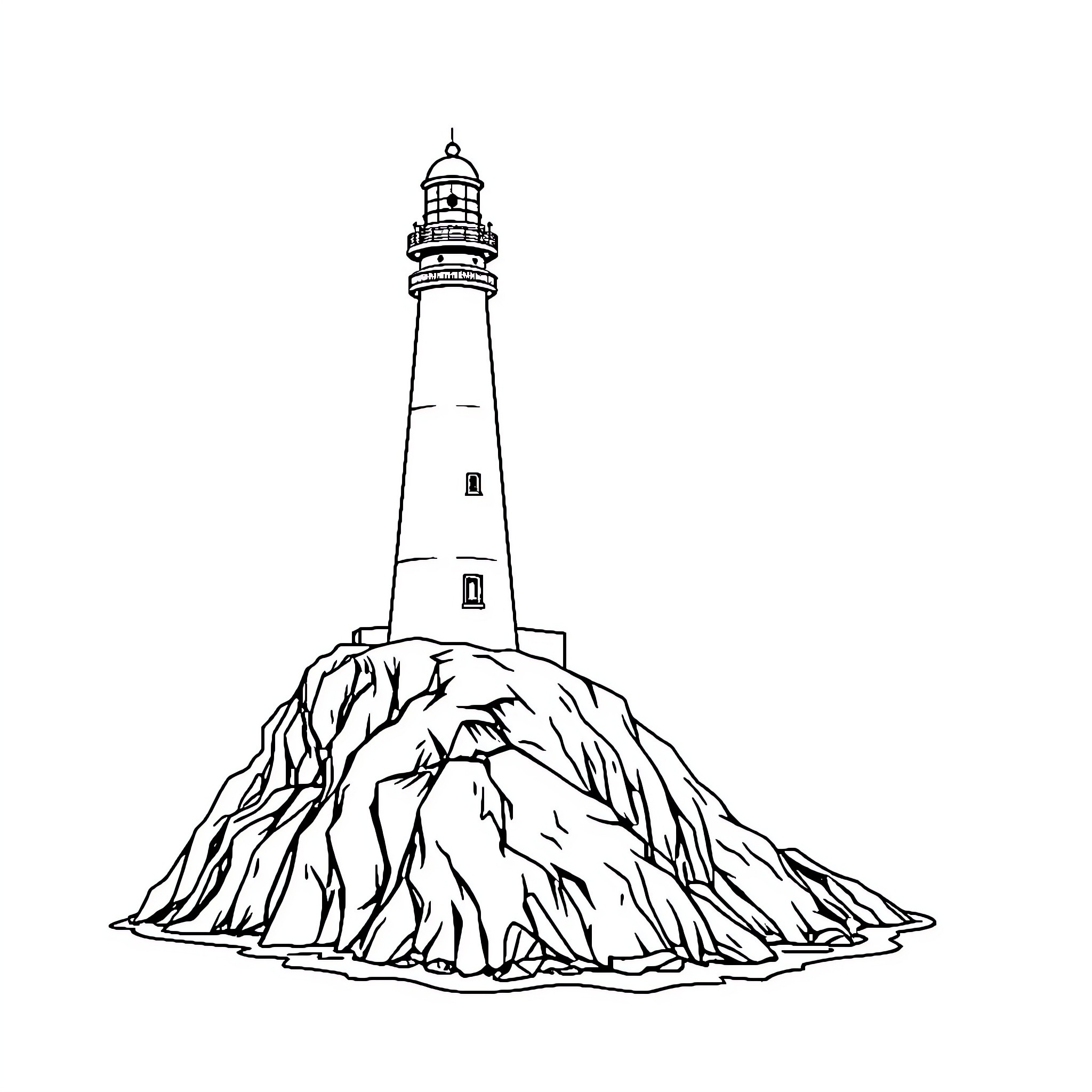 Lighthouse atop a rocky outcrop Coloring Page (free black-and-white line drawing printable PDF for all, from beginners to advanced learners, including children, teens, adults, and seniors)