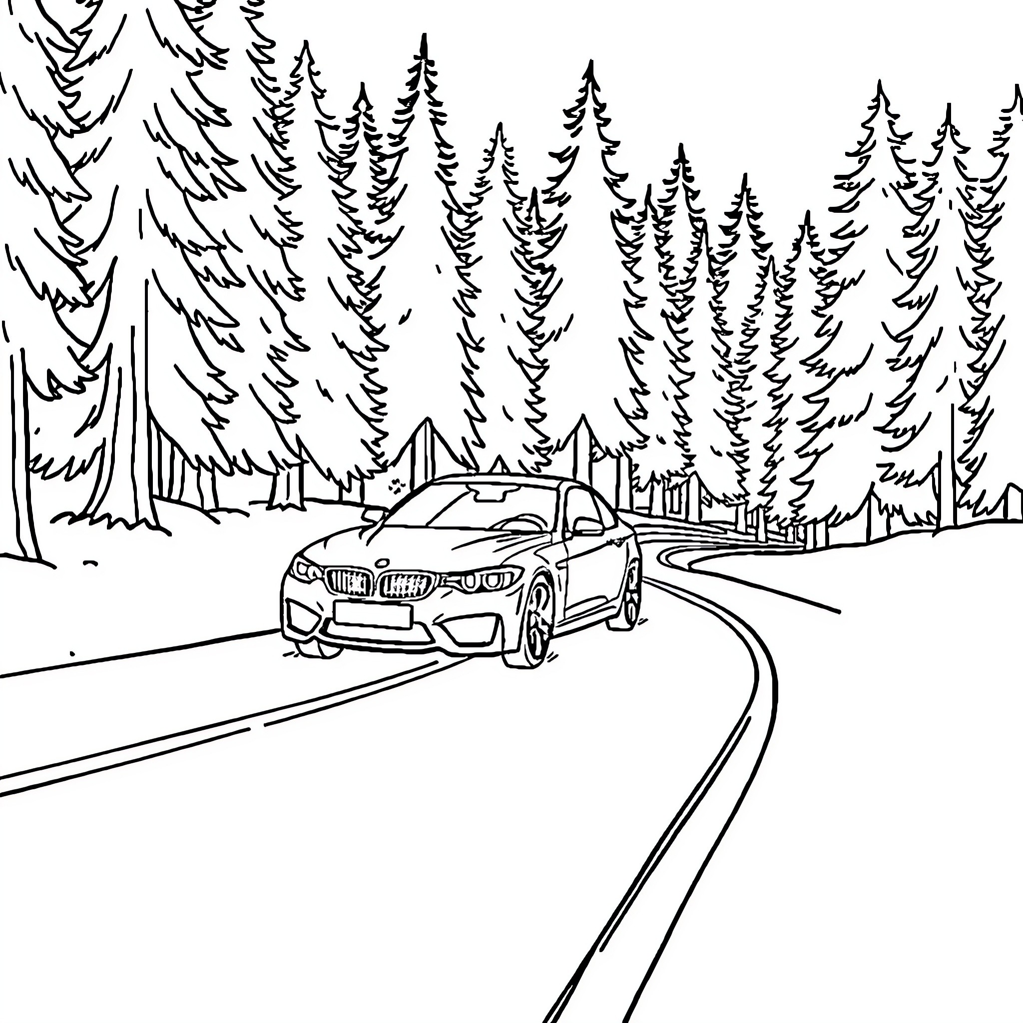 Car driving through a snowy forest landscape Coloring Page (free black-and-white line drawing printable PDF for all, from beginners to advanced learners, including children, teens, adults, and seniors)