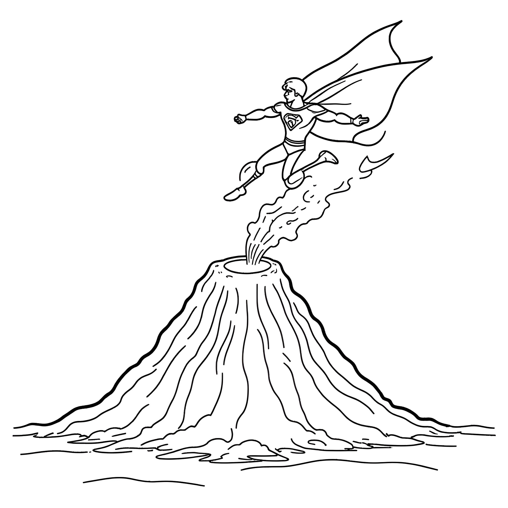 Superman Soaring Over Erupting Volcano Coloring Page (free black-and-white line drawing printable PDF for all, from beginners to advanced learners, including children, teens, adults, and seniors)