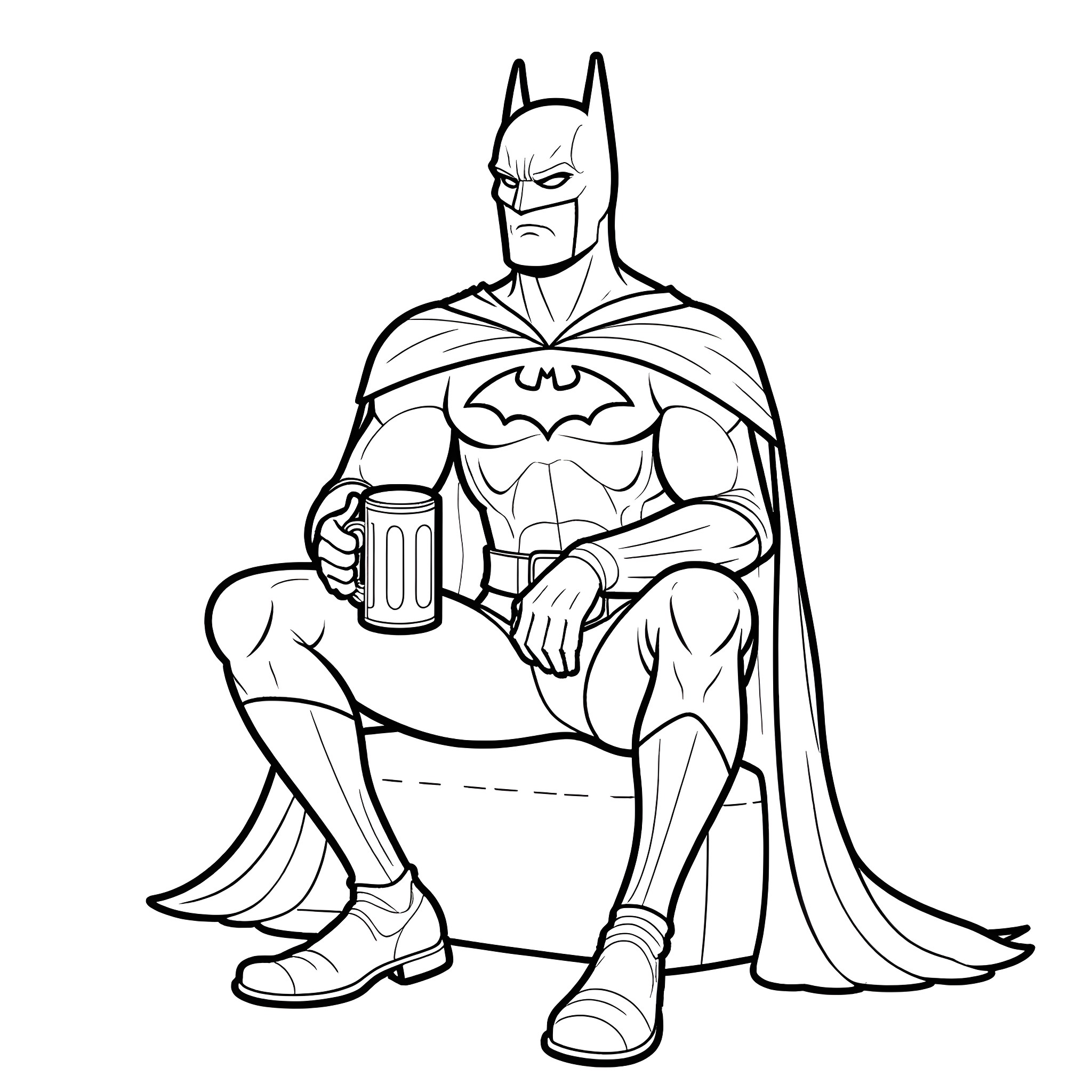 Batman resting with beverage in hand Coloring Page (free black-and-white line drawing printable PDF for all, from beginners to advanced learners, including children, teens, adults, and seniors)