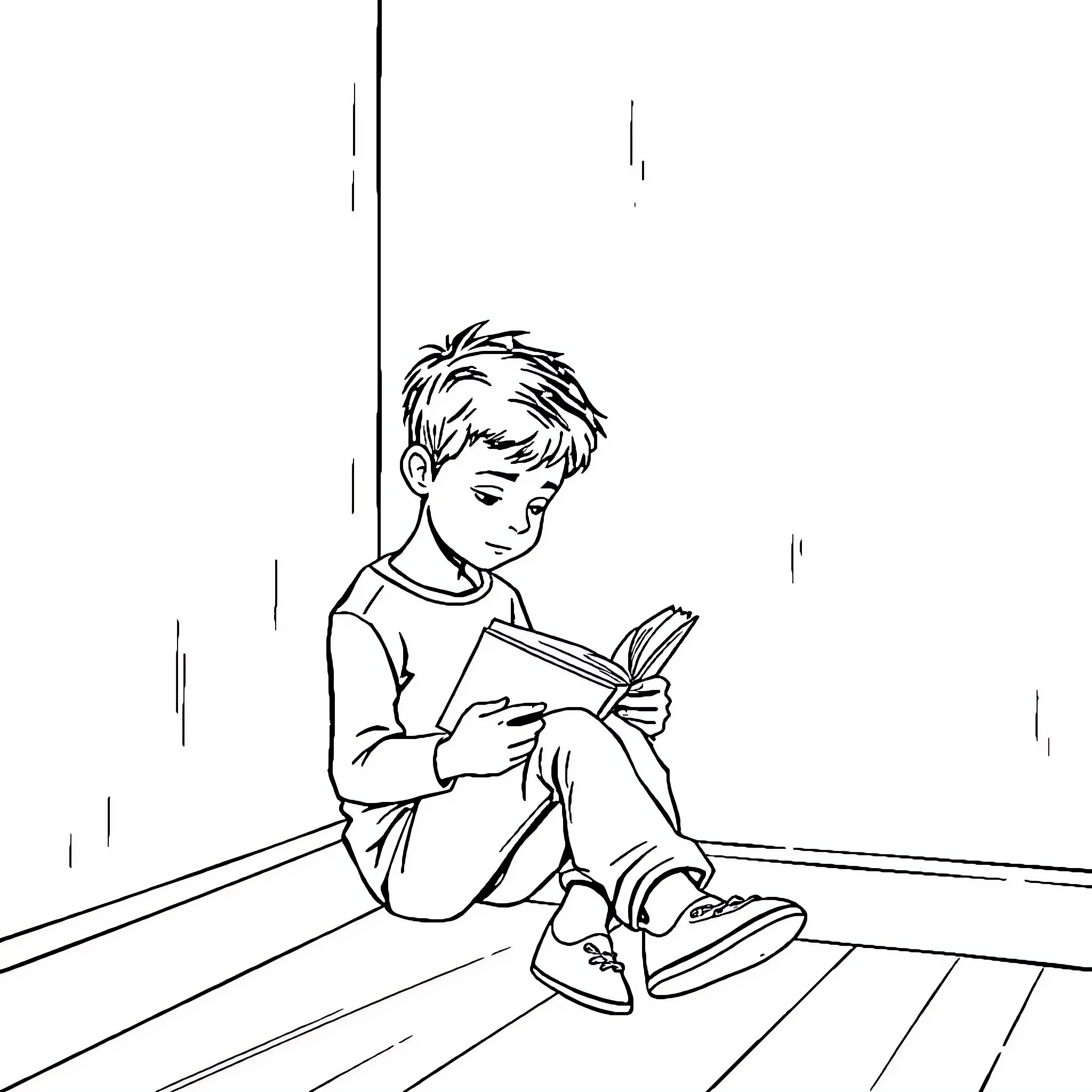 Boy reading a book intently by himself Coloring Page (free black-and-white line drawing printable PDF for all, from beginners to advanced learners, including children, teens, adults, and seniors)