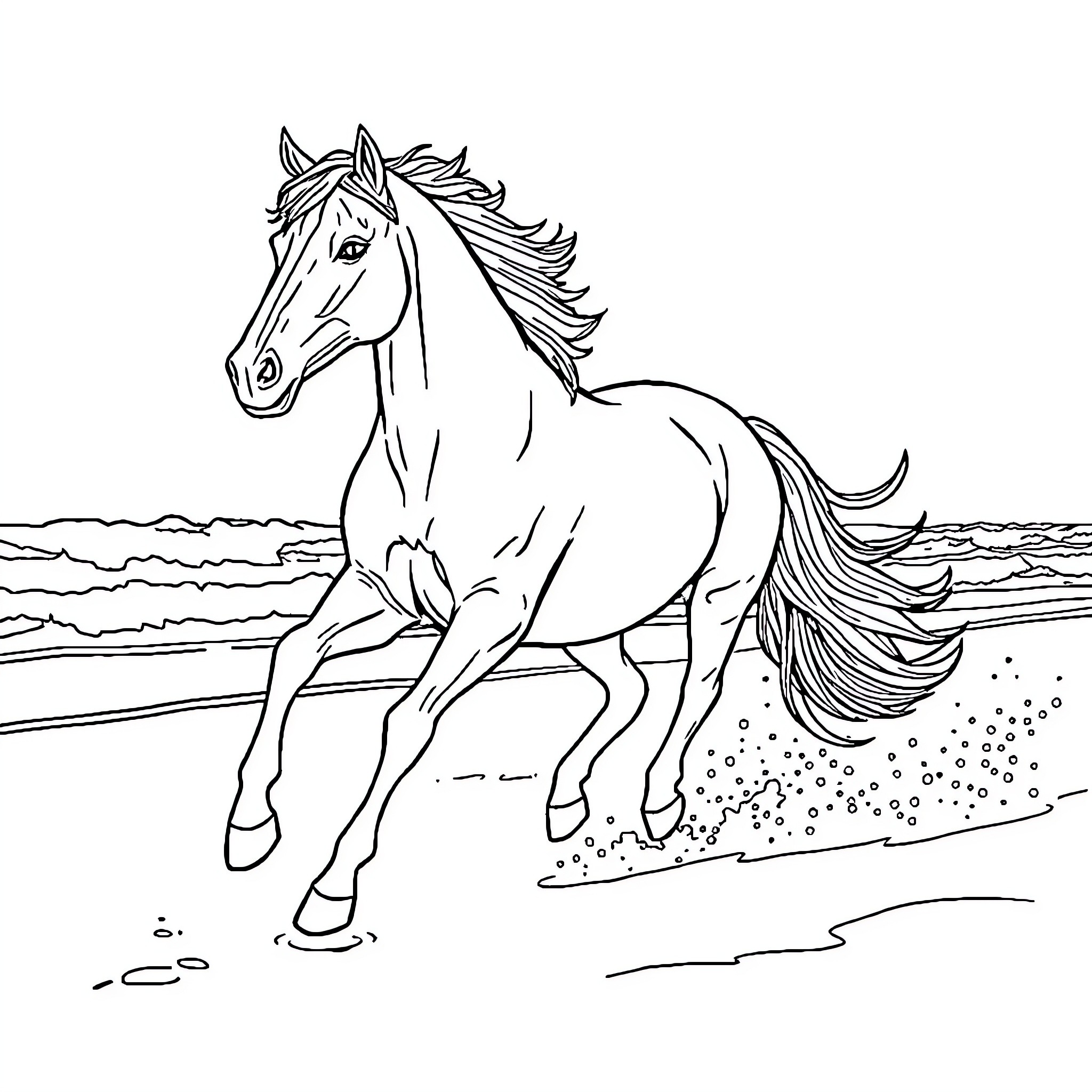 Horse running freely on the beach Coloring Page (free black-and-white line drawing printable PDF for all, from beginners to advanced learners, including children, teens, adults, and seniors)